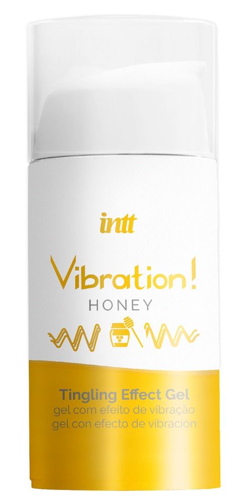 Zylinderförmige Flasche mit weißem Deckel und gelbem Boden. Aufschrift: Vibration! Honey, Tingling Effect Gel.