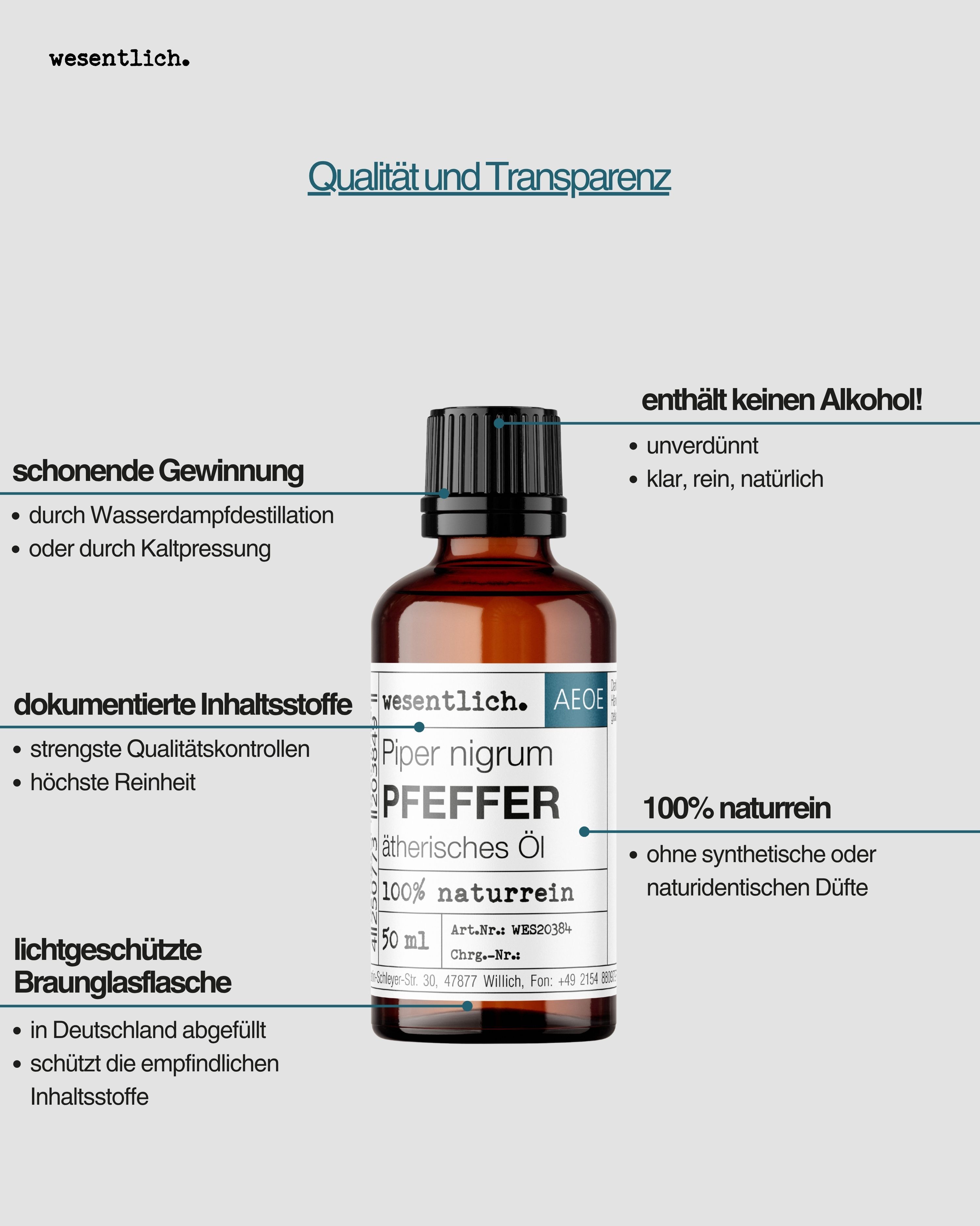 Flasche Pfefferminzöl mit Etikett. Links: "schonende Gewinnung", "dokumentierte Inhaltsstoffe", "lichtgeschützte Braunglasflasche". Rechts: "enthält keinen Alkohol!", "100% naturrein".