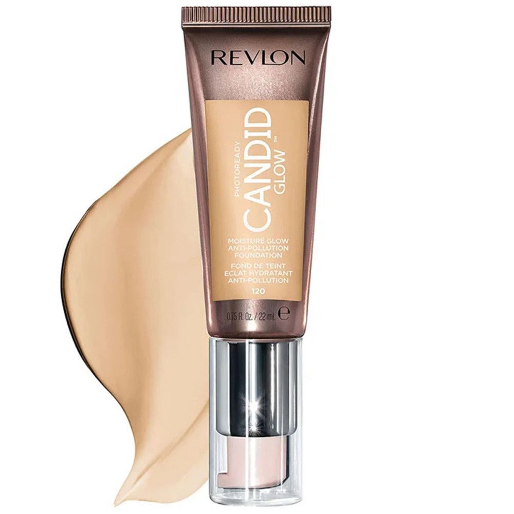 Revlon PhotoReady Candid Glow Foundation. Tube mit Pumpverschluss. Beige-braune Flüssigkeit und Farbfleck. Schriftzug 'Candid Glow'.