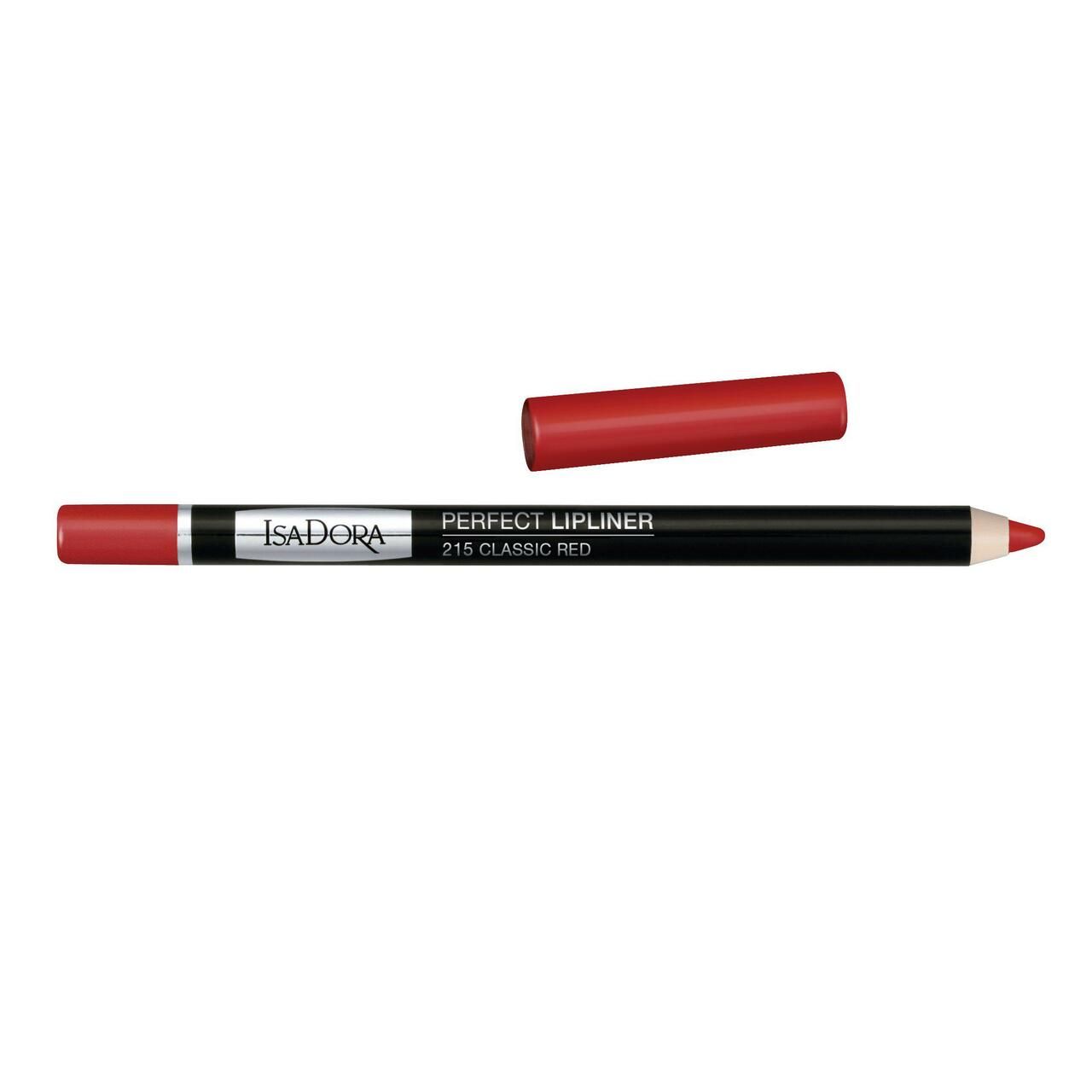 IsaDora Perfect Lipliner. Schwarzer Stift mit roter Mine und Kappe. Aufschrift: 215 Classic Red.