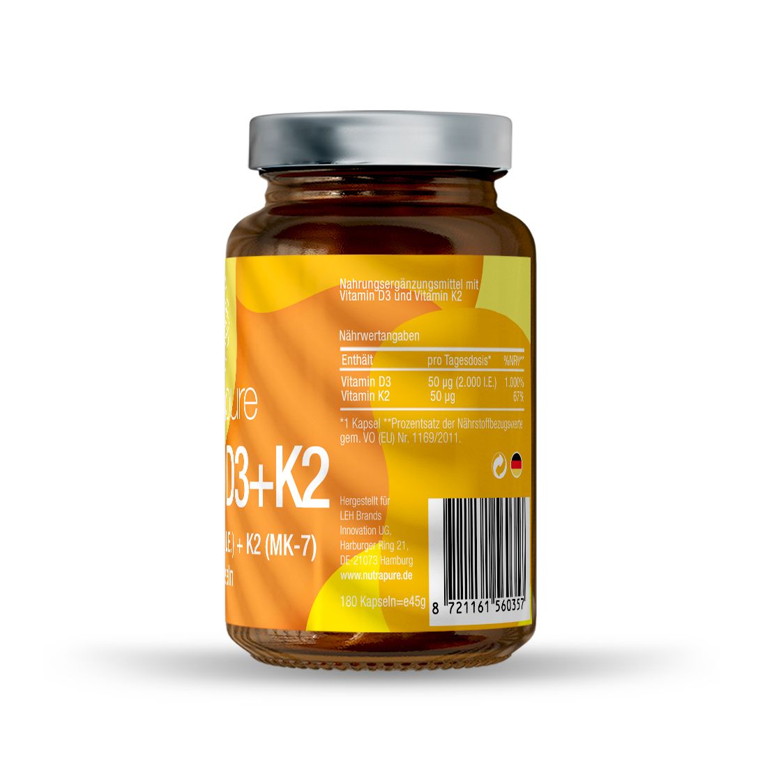 Braune Glasflasche mit silbernem Deckel. Etikett mit Produktinformationen und Barcode. Enthält Vitamin D3 und K2.