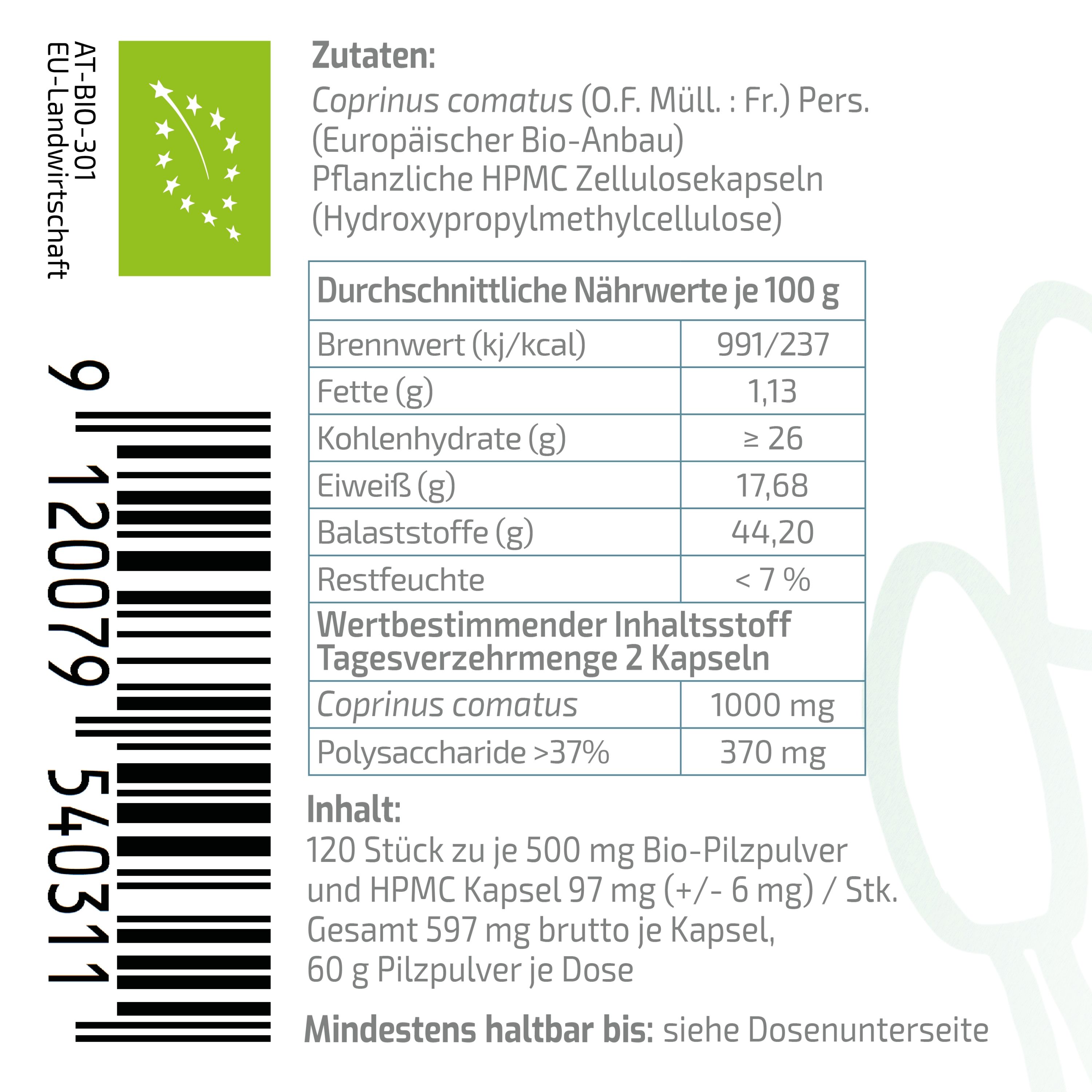BEAUVITAL® Pure Bio Schopftintling Kapseln, (Coprinus comatus) aus EU-Anbau
