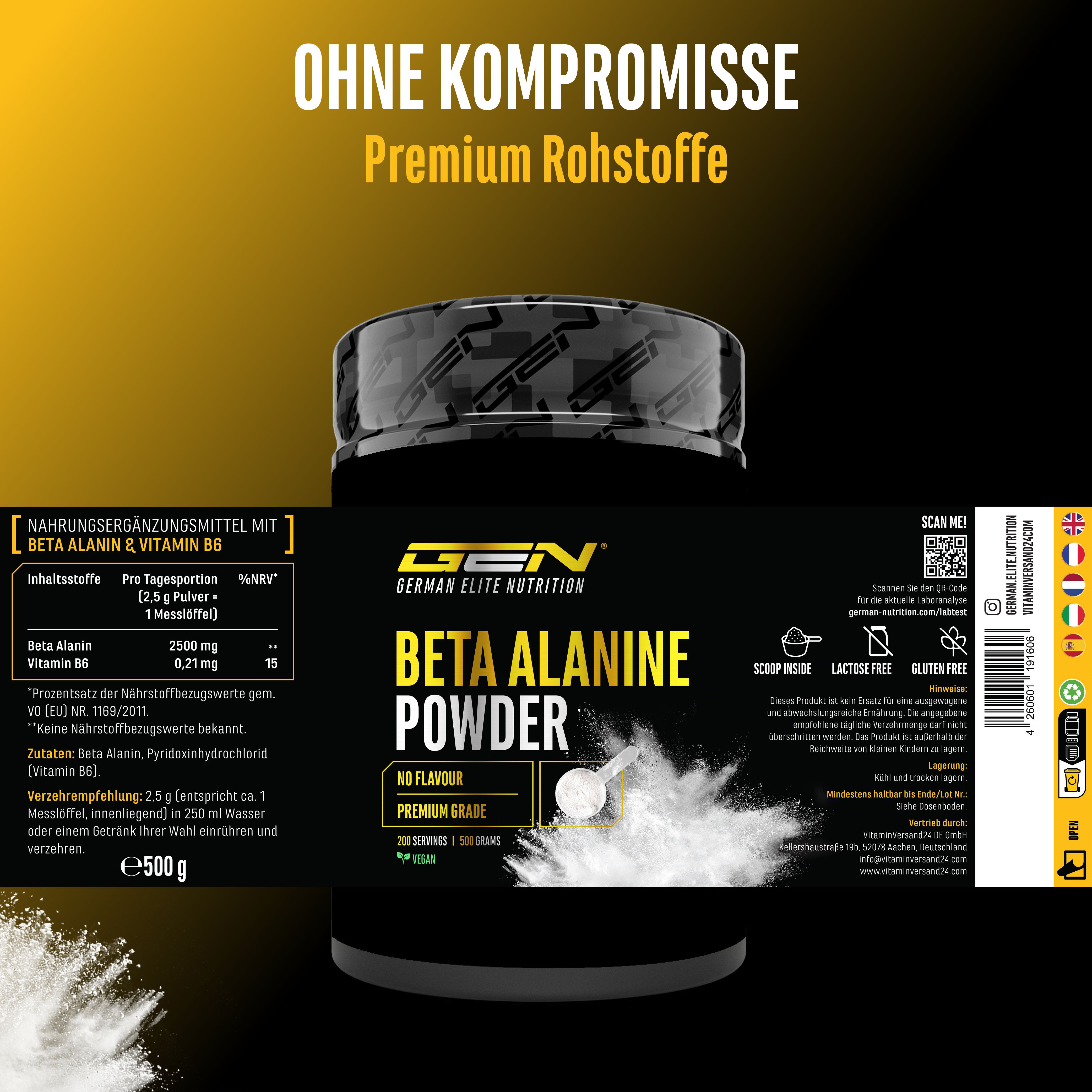 GEN Beta Alanin Pulver Dose mit Aufschrift: Nahrungsergänzungsmittel mit Beta Alanin & Vitamin B6. Enthält 2500 mg Beta Alanin und 0,21 mg Vitamin B6.