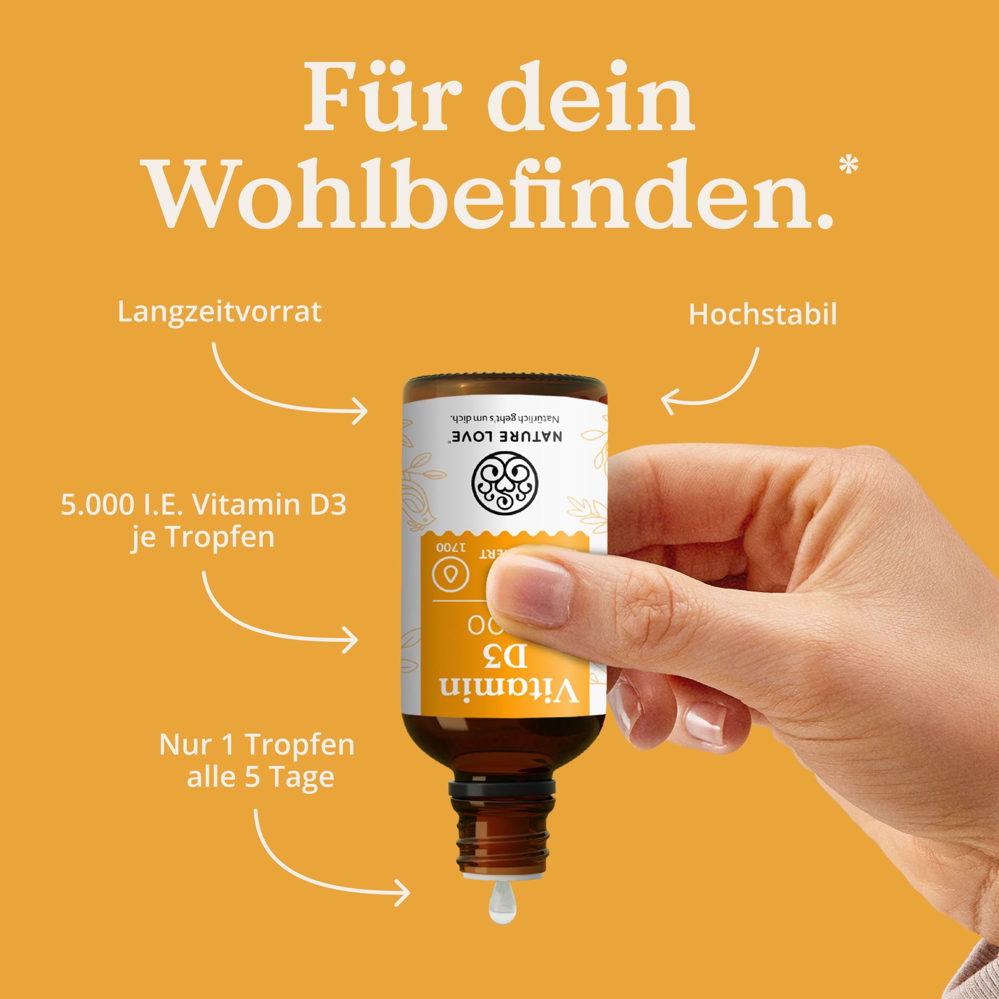 NATURE LOVE® Vitamin D3 5000 (50ml flüssig) - Laborgeprüfte 5000 I.E. pro Tropfen - in MCT-Öl Kokos