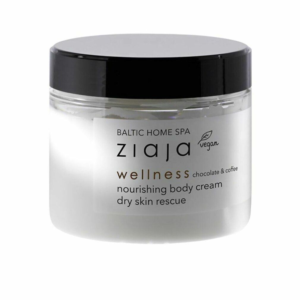 Ziaja Baltic Home Spa Wellness Creme. Glasbehälter mit schwarzem Deckel. Aufschrift: wellness chocolate & coffee, vegan.