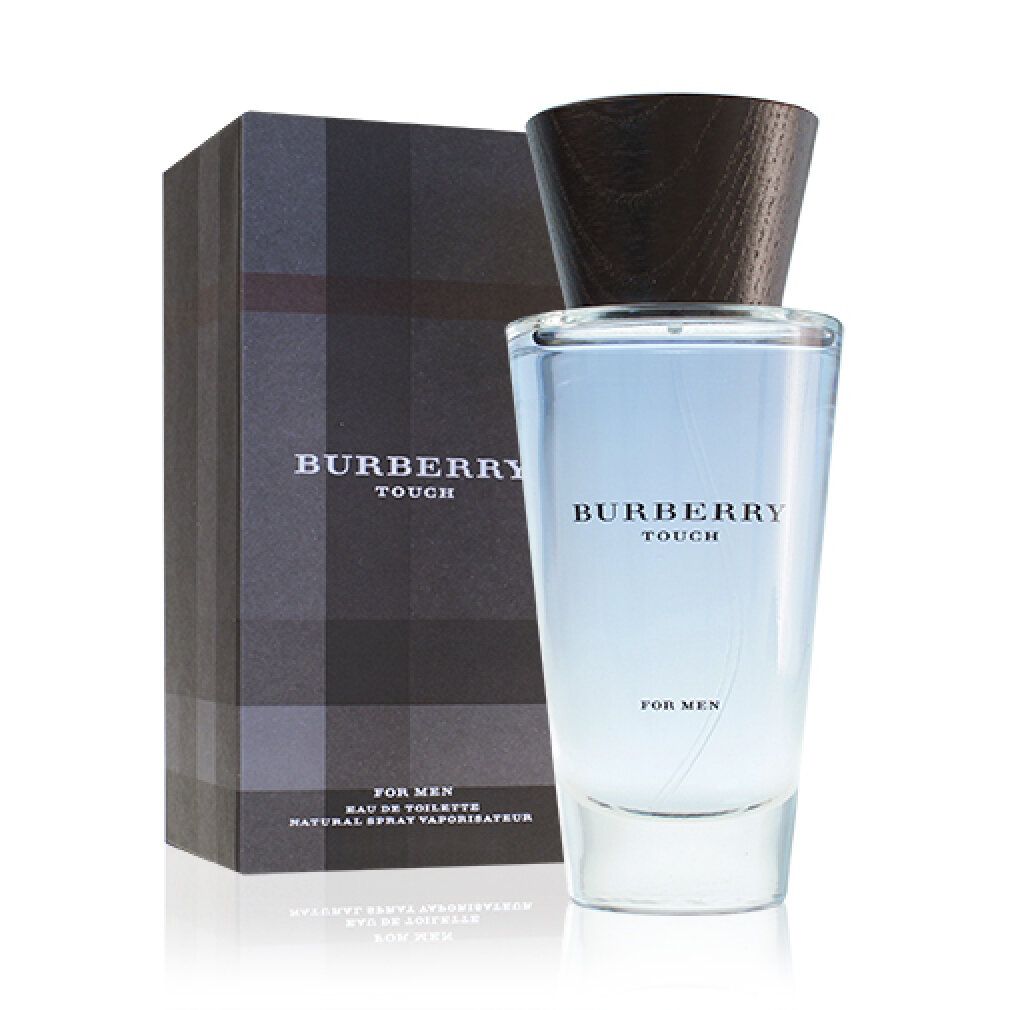 Burberry Touch for Men EdT Flakon und Verpackung. Schwarze Verpackung mit Logo und Produktbezeichnung. Glasflakon mit Holzdeckel.