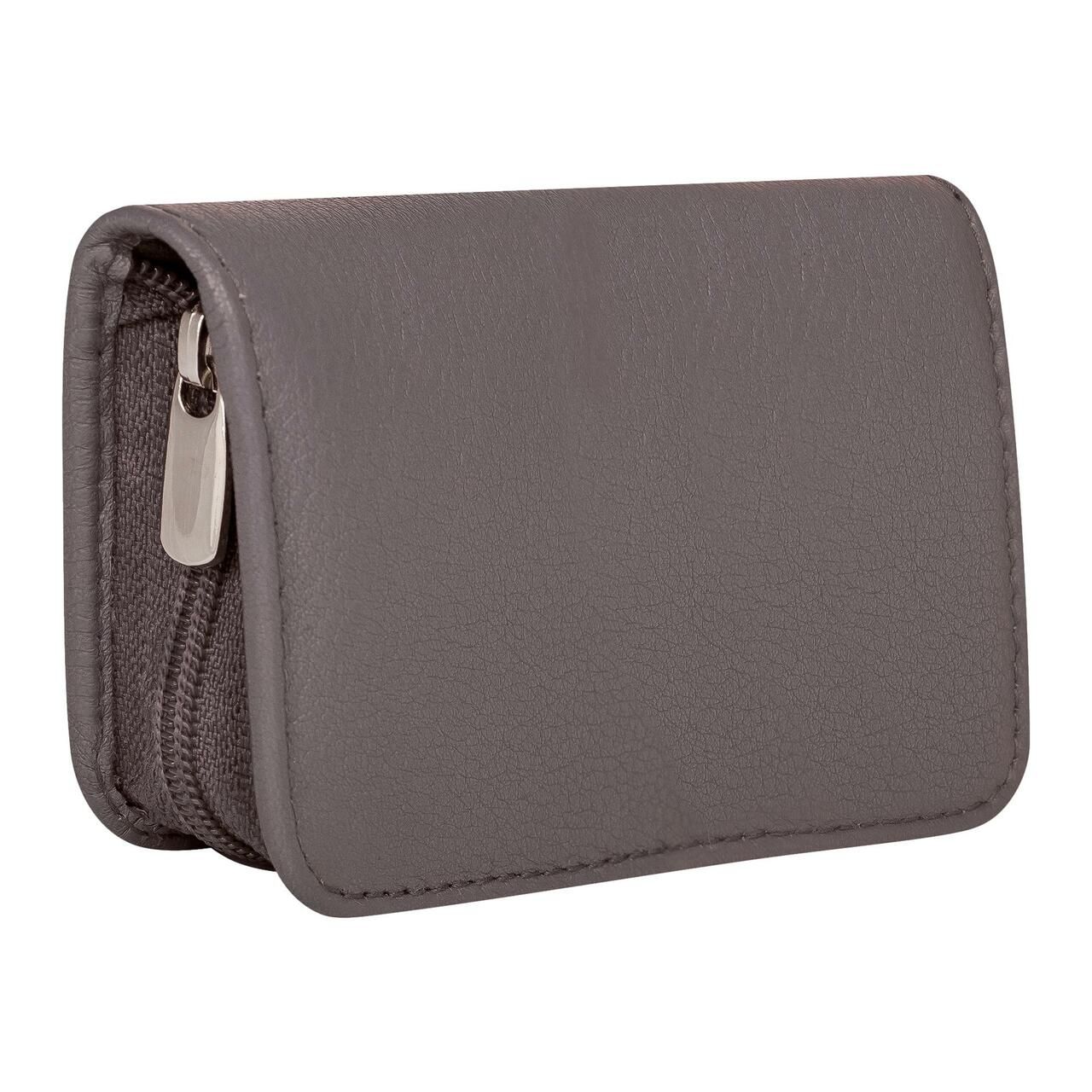 Graues, rechteckiges Etui mit Reißverschluss. Vernickelter Zipper. Glattes Lederimitat. Abgerundete Ecken. Naht am Rand.