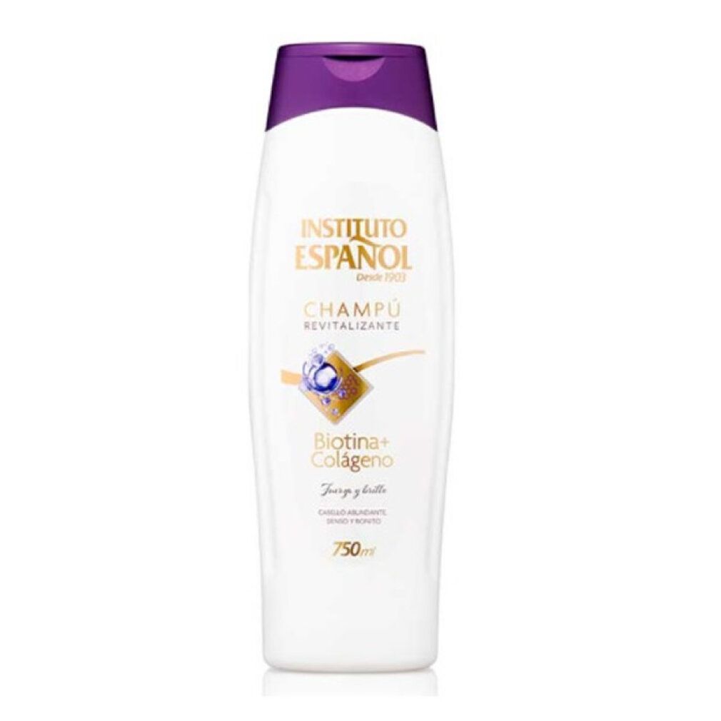Weißer Flakon mit violetter Kappe, "Instituto Español Champú Revitalizante Biotin+Colágeno" Aufschrift.