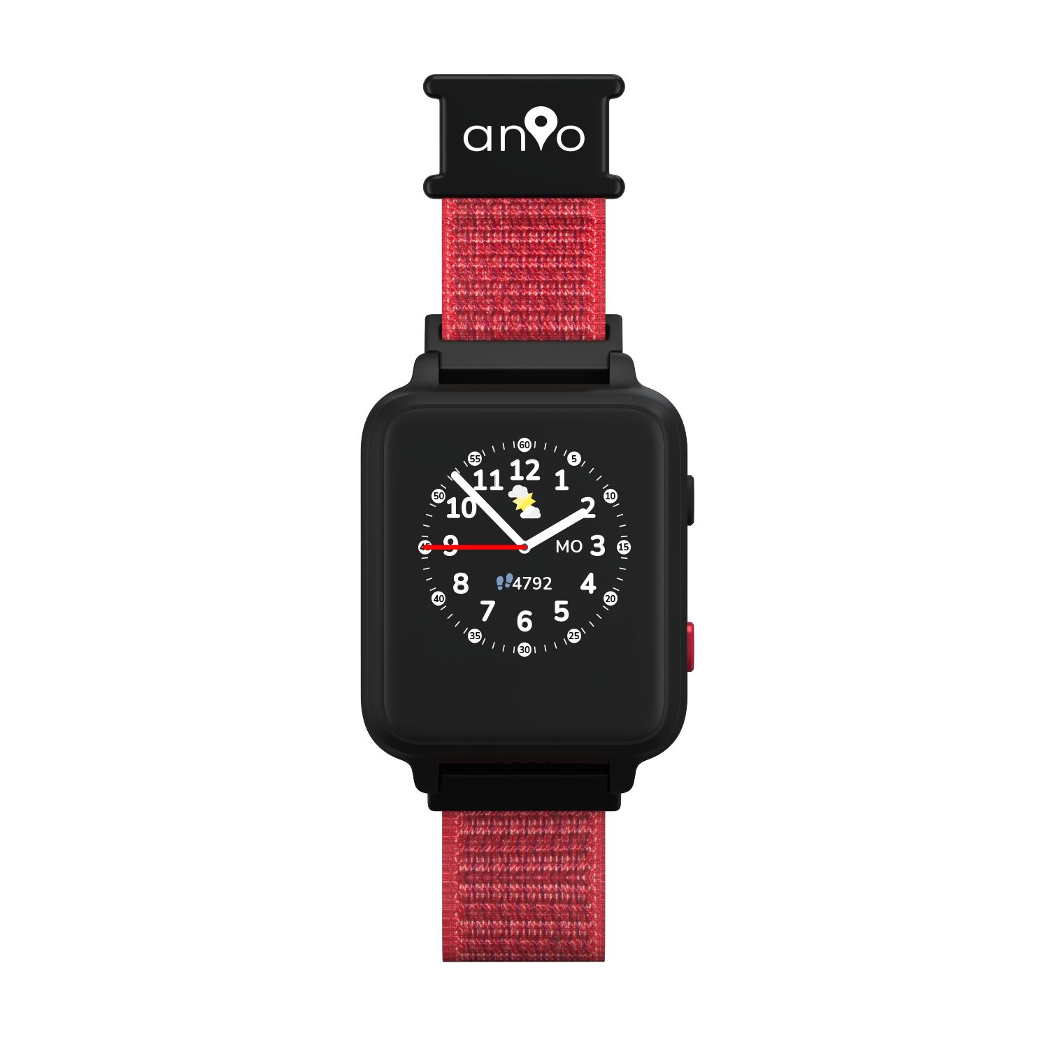 Schwarze Smartwatch mit rotem Armband. Zifferblatt mit Zahlen und Zeigern. Logo 'anio' auf dem Armband.
