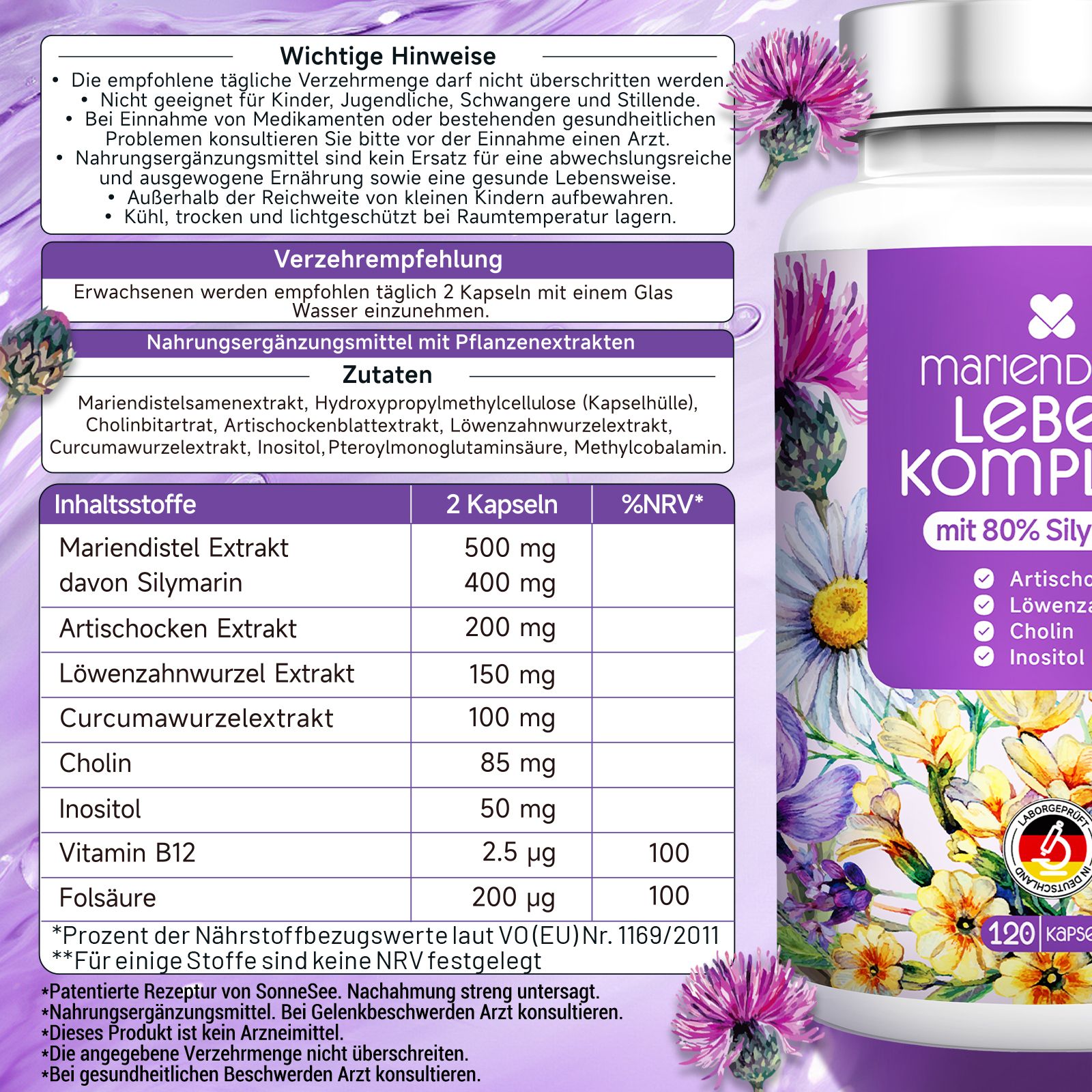 Flasche mit Mariendistel Lebenskomplex Kapseln, 120 Stück, mit Kräuterabbildungen.