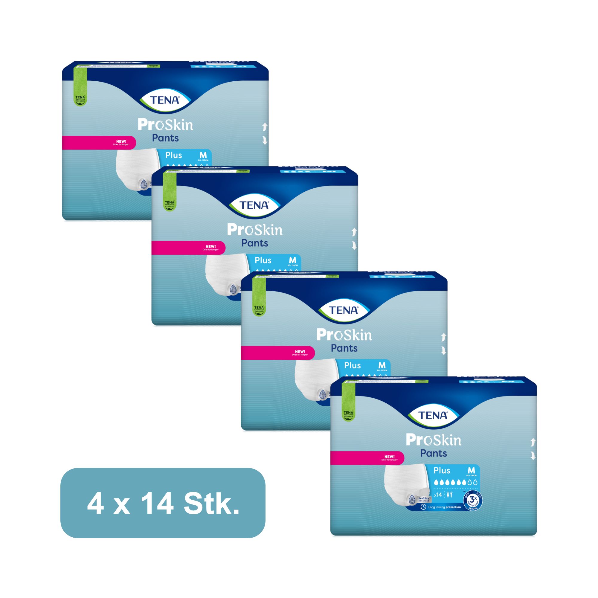 Vier Packungen TENA ProSkin Pants Plus, Größe M. Verpackung mit Produktabbildung und Logo. Aufschrift: 4 x 14 Stk.