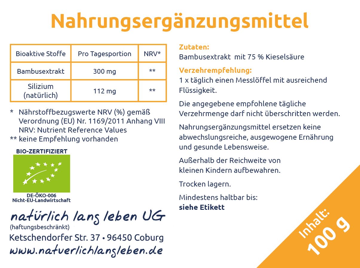 natürlich lang leben BIO Bambusextrakt Silizium 100 g Pulver