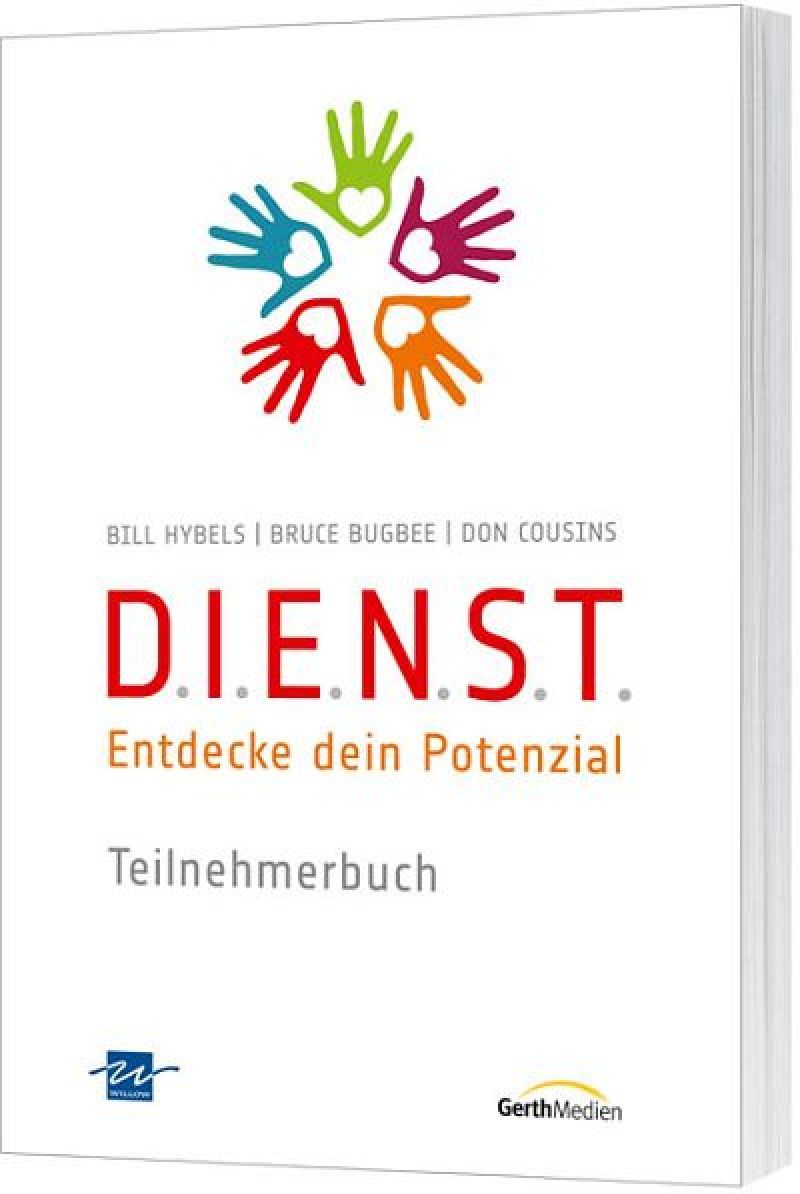 Buch mit weißem Einband. Titel: D.I.E.N.S.T. Entdecke dein Potenzial. Teilnehmerbuch. Logo mit bunten Händen. Autorennamen.