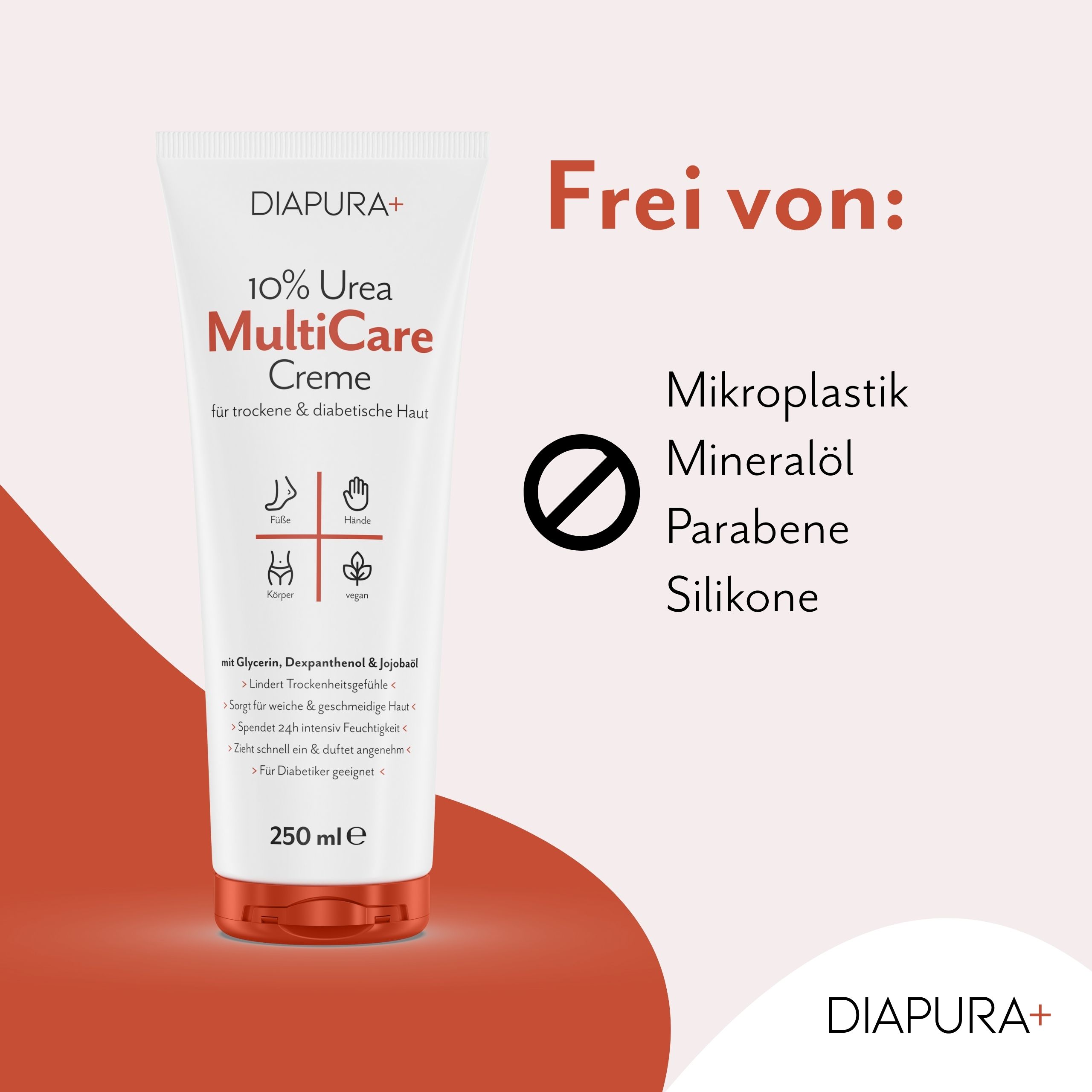Tube DIAPURA 10% Urea MultiCare Creme. Text: Frei von Mikroplastik, Mineralöl, Parabenen, Silikonen. 250 ml.