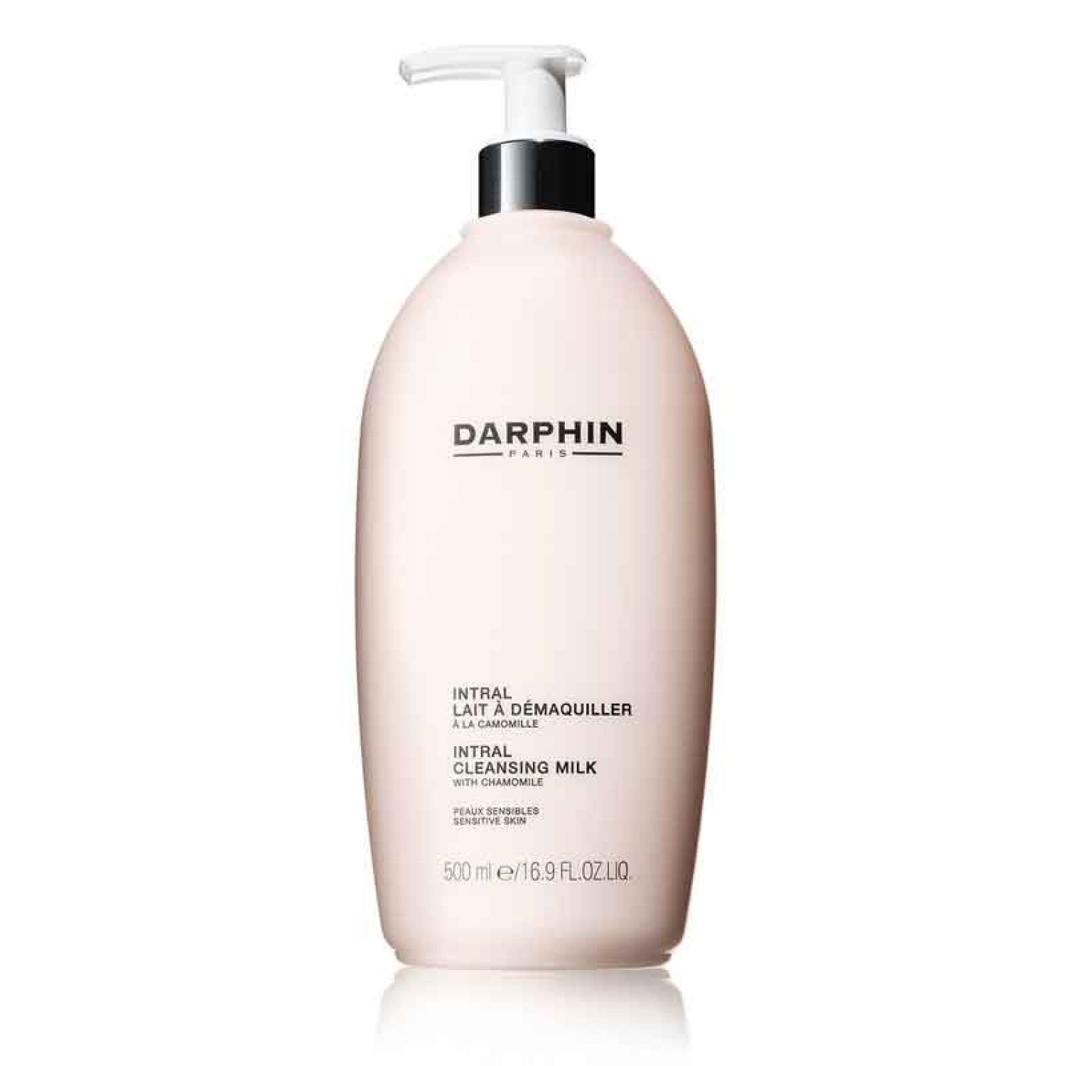 Rosa Flasche mit Pumpe. Aufschrift: DARPHIN, Intral Cleansing Milk with Chamomille. 500 ml.