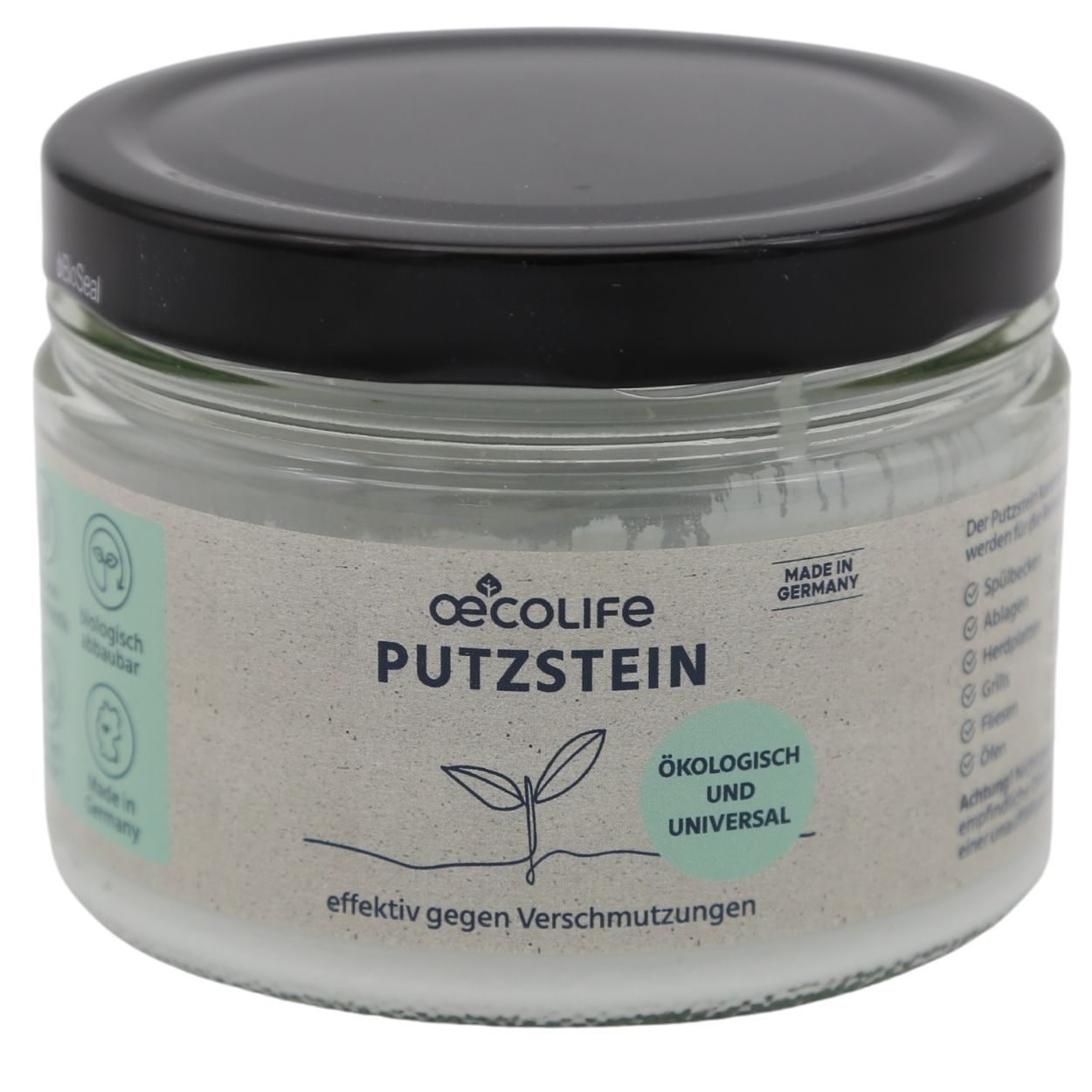 Glasbehälter mit schwarzem Deckel. Aufschrift: oecolife PUTZSTEIN, ökologisch und universal. Made in Germany. Wirksam gegen Verschmutzungen.