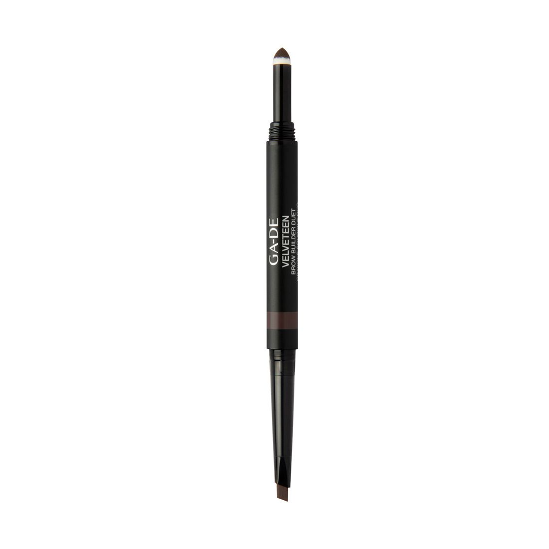 Doppelstift. Ga-De Velveteen Brow Builder Duet. Dunkelbraune Mine und Bürste. Schwarzer Stift mit Produktnamen.