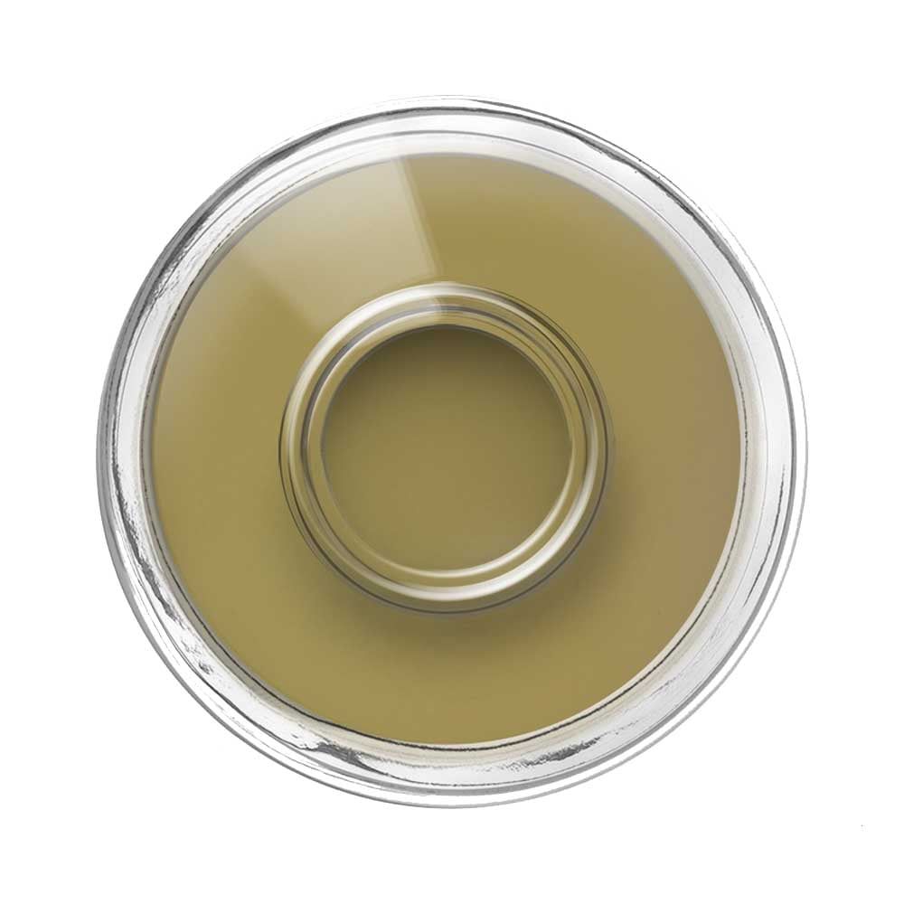 Draufsicht auf eine Nagellackflasche mit grün-beiger Farbe. Der transparente Flaschenboden ist sichtbar.