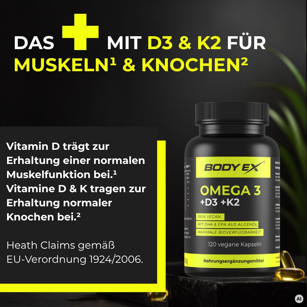 Body Ex® Omega 3 + D3 & K2 Kapseln, Omega aus Algenöl, 100% vegan