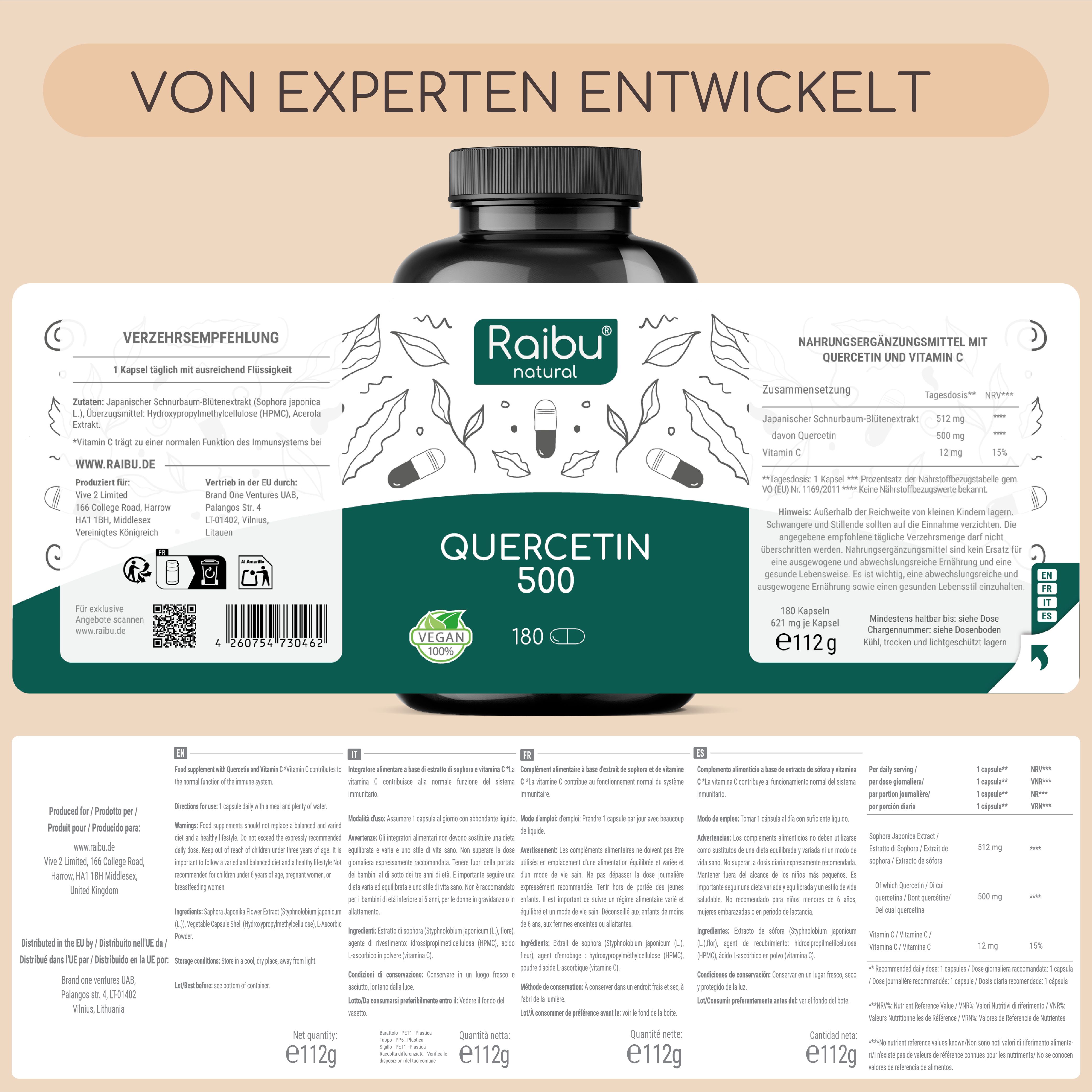 Flasche mit Kapseln. Aufschrift: Raibu natural, Quercetin 500, 180 Kapseln. Diagramm mit Inhaltsstoffen.