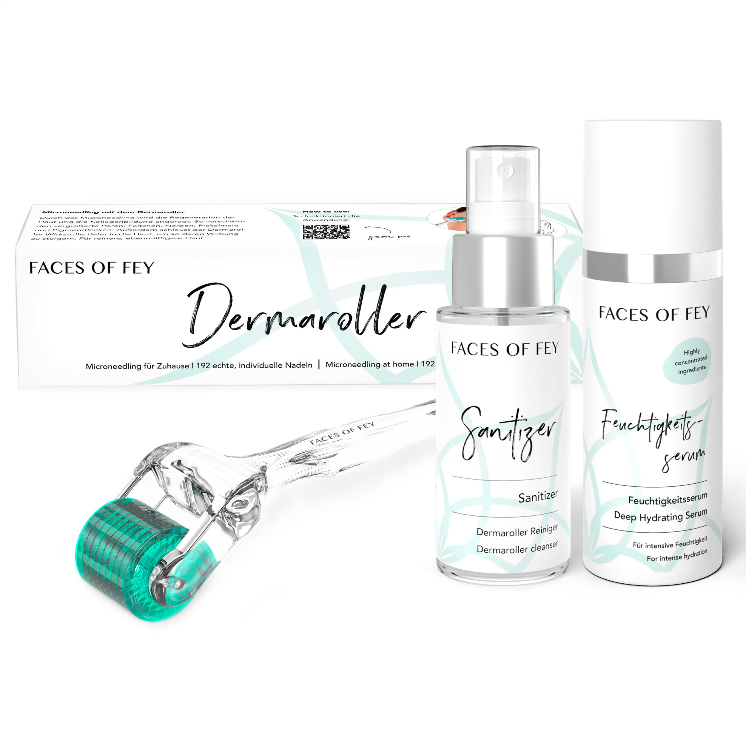 Produktset: Dermaroller, Sanitzer, Feuchtigkeitsserum. Marke und Produktnamen sichtbar. Verpackung mit Text.