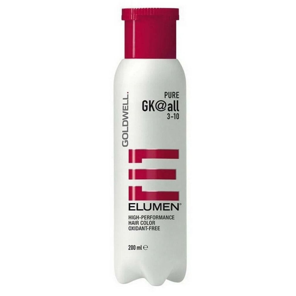 Flasche mit Haarfarbe, weißes Etikett, roter Deckel. Text: GOLDWELL, GK@all, ELUMEN, 200 ml. Daneben Farbmuster in Gelb.