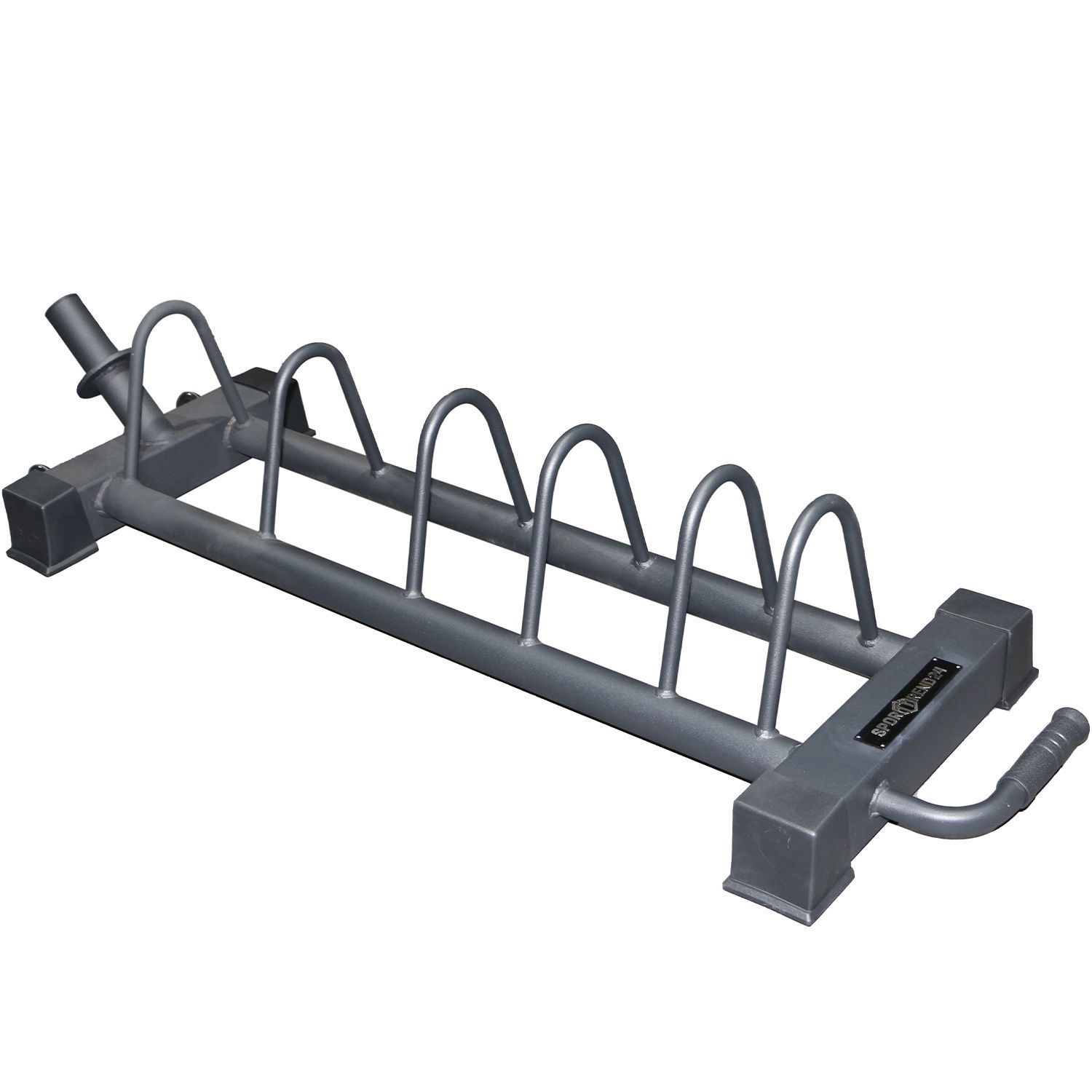 Schwarzer Metall-Bumper Plate Rack. Sechs Halterungen für Gewichtsscheiben. Griff an der Seite. Sporttrend24 Logo.