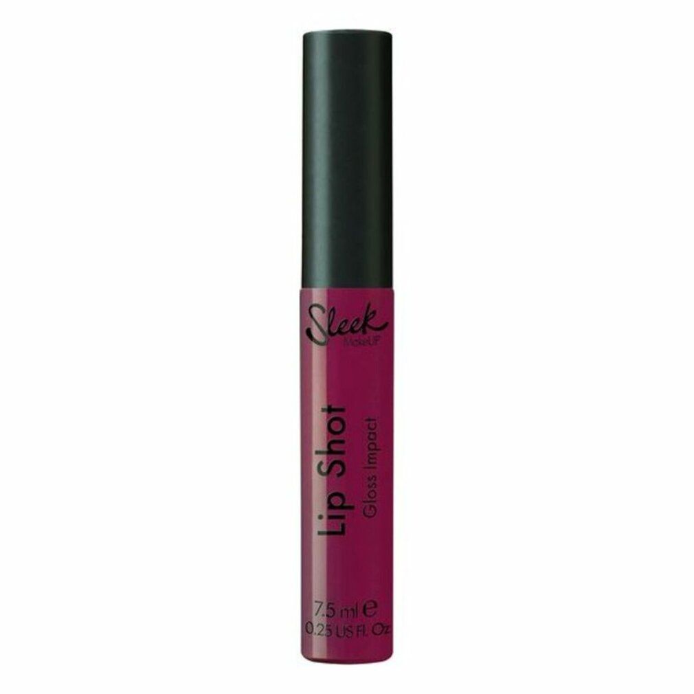 Lippen-Gloss-Tube mit schwarzem Deckel. Aufschrift: Sleek, Lip Shot, Gloss Impact. Farbe: Dunkelrot.