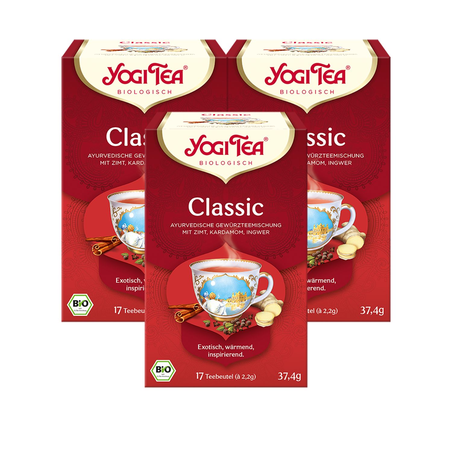 Drei Packungen Yogi Tea Classic. Rote Kartons mit Logo, Produktname und Zutaten. Bio-Siegel. 17 Teebeutel.