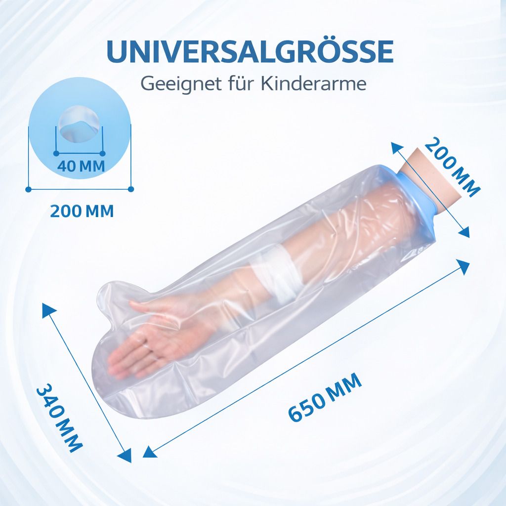 Transparente, wasserdichte Schutzhülle für Kinderarme. Blaue Manschette, Maße: 650x340 mm. Geeignet für Kinderarme. Mit Maßangaben.