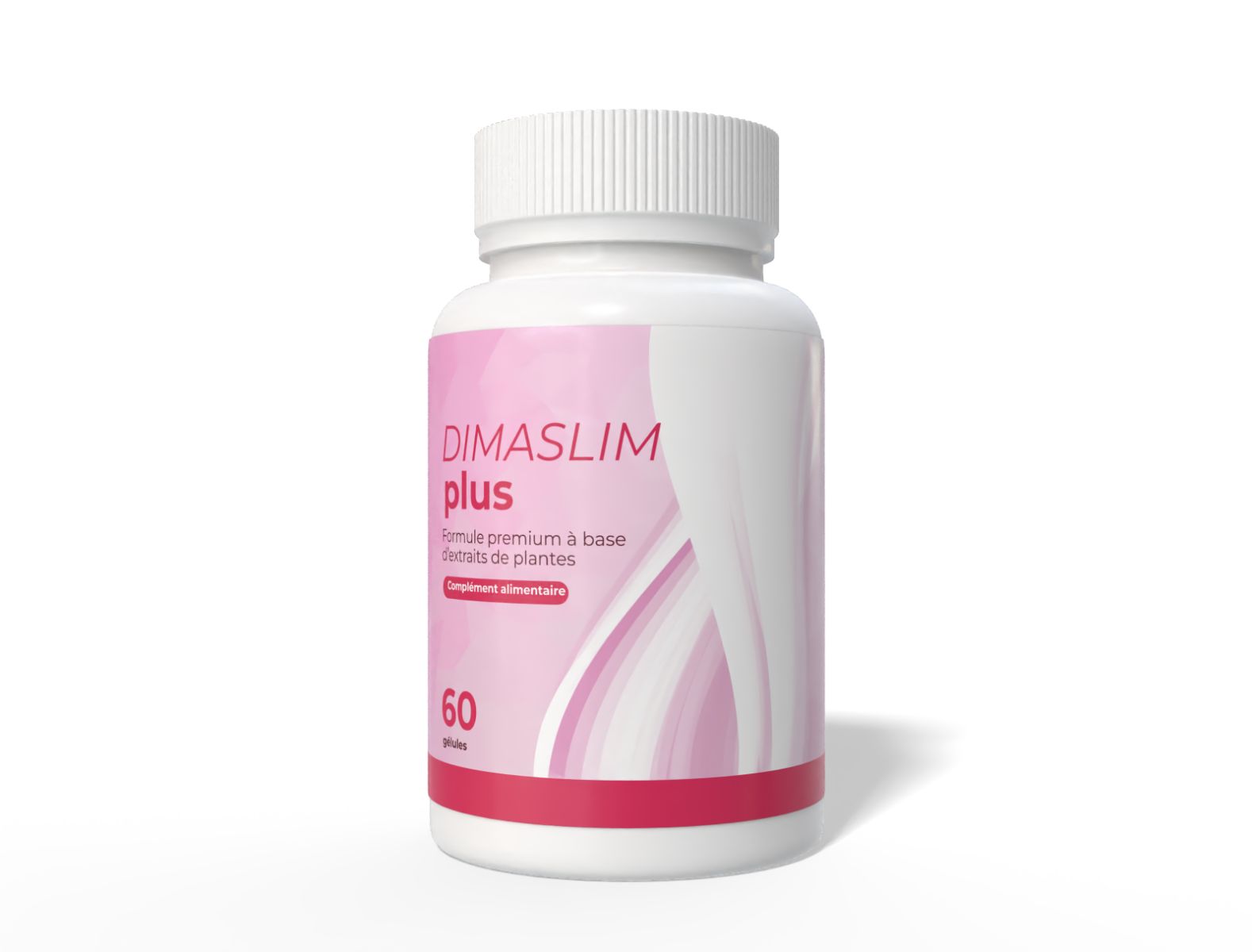 Weiße Flasche mit rosa Etikett. Aufschrift: DimaSlim plus, 60 Kapseln. Nahrungsergänzungsmittel.
