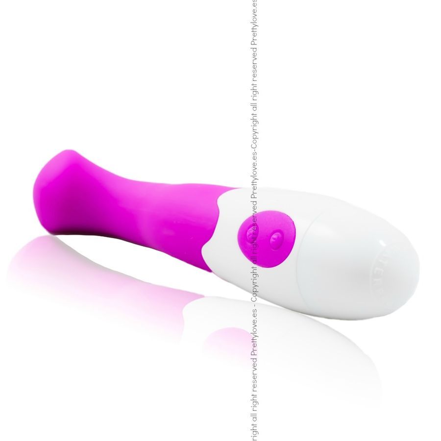 Pinkfarbener Vibrator mit weißem Griff. Zwei Knöpfe.