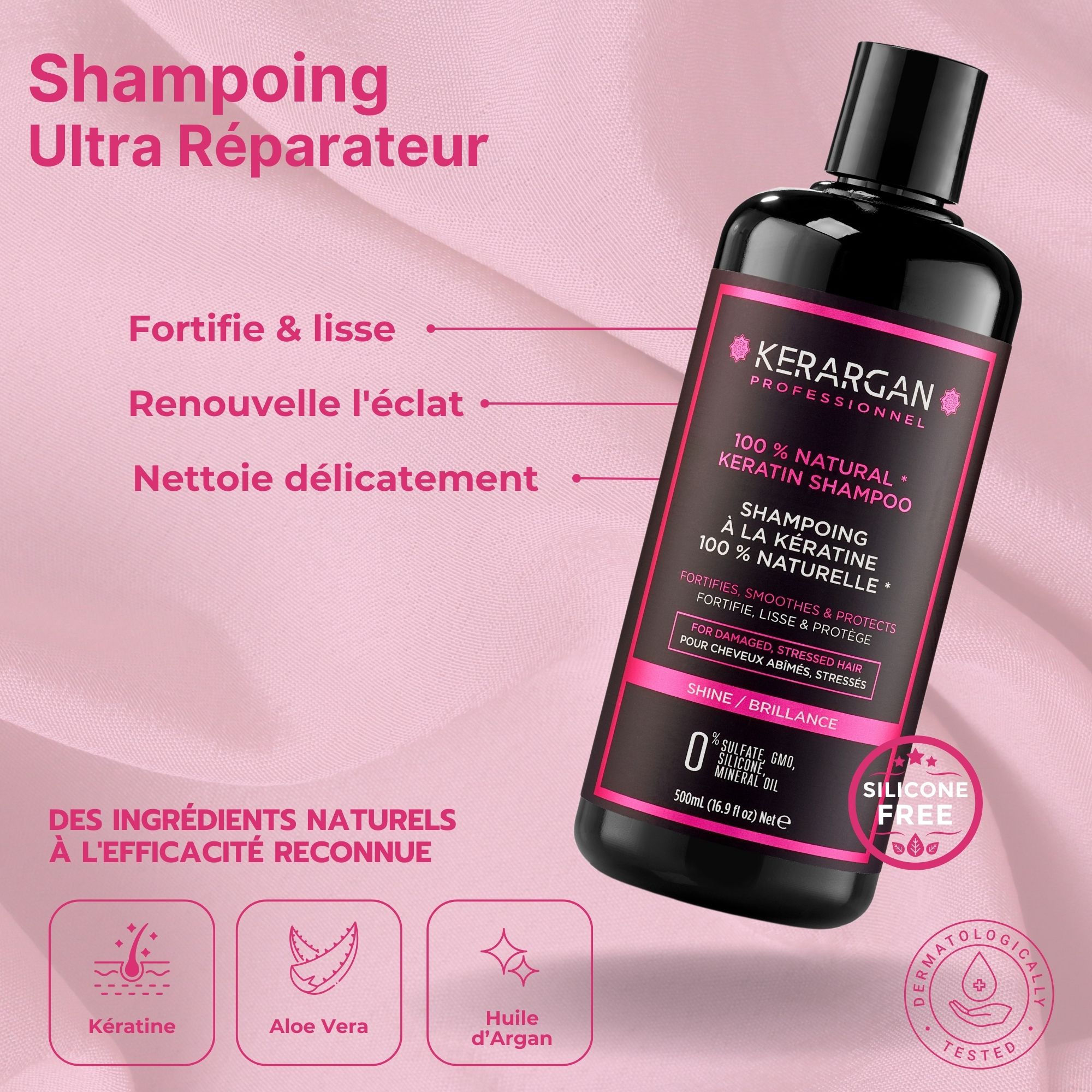 Flacon noir Kerargan Shampoo avec étiquette rose. Texte et logos.