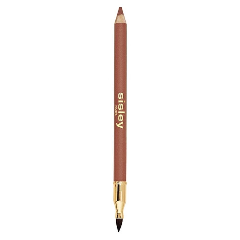 Lippenstiftstift mit goldfarbenem Applikator und Sisley-Logo. Braune Farbe. Auf weißem Hintergrund.