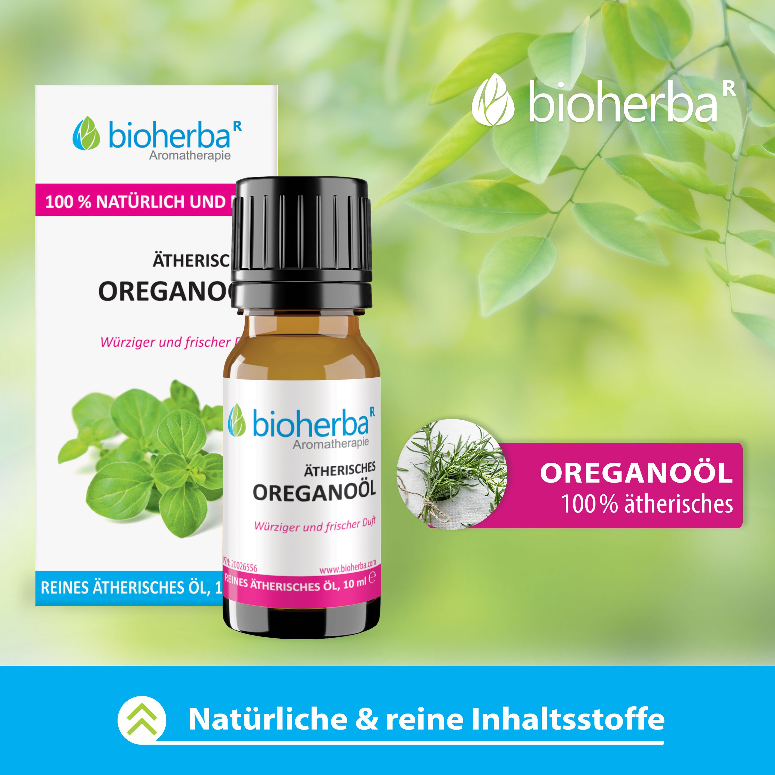 Braune Glasflasche mit schwarzem Deckel und Etikett. Daneben eine Verpackung mit Produktinformationen und Oregano-Bild.