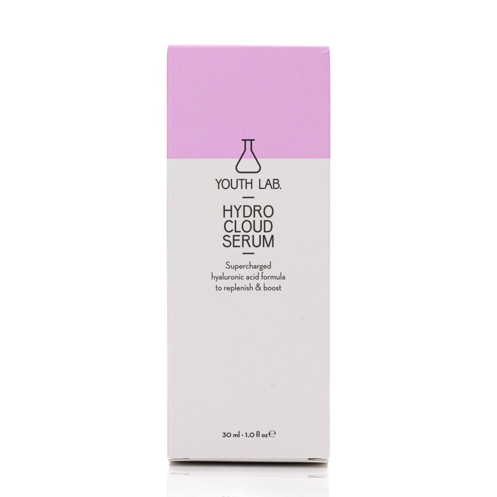Weißer Karton mit rosa Oberteil. Aufschrift: YOUTH LAB Hydro Cloud Serum. 30 ml.