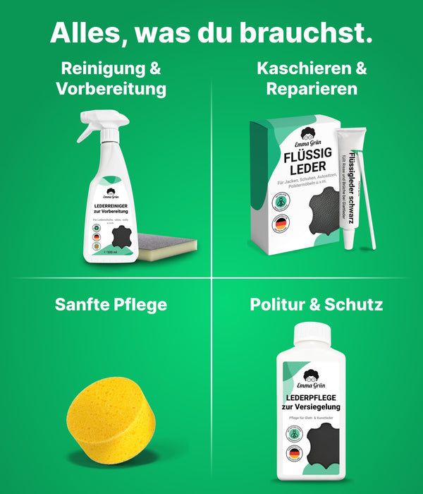 Emma Grün® Leder Reparatur Komplettset mit Reiniger, Flüssigleder & Lederpflege