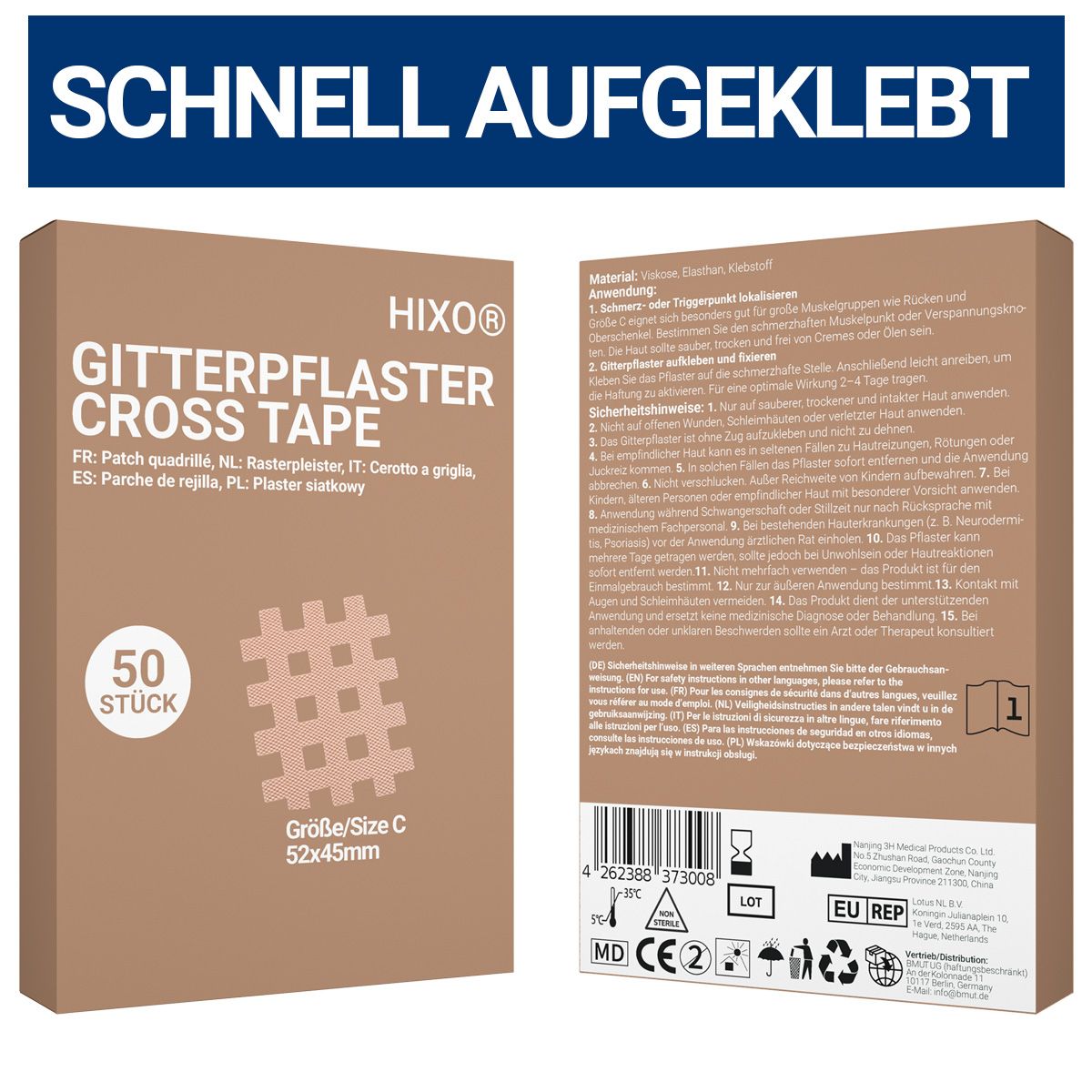Vorder- und Rückseite der Verpackung. 50 Gitterpflaster, Größe C (52x45mm).