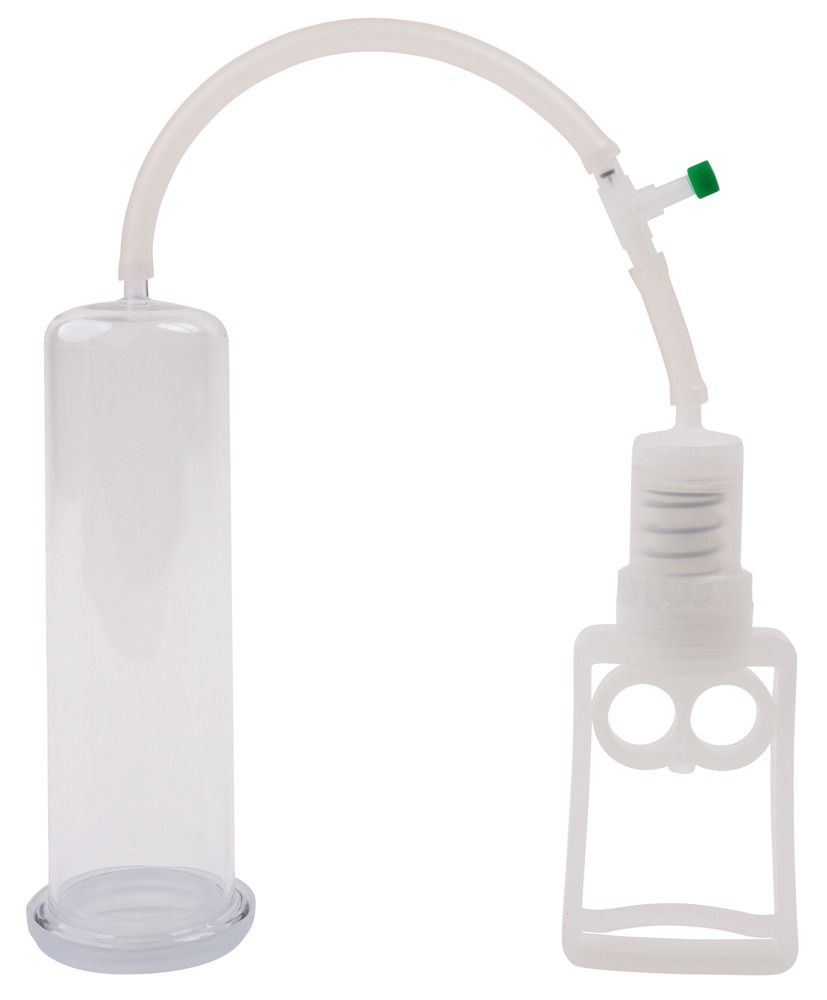 Transparenter Zylinder mit weißem Gehäuse, Schlauch und grünem Ventil. Zwei runde Öffnungen.