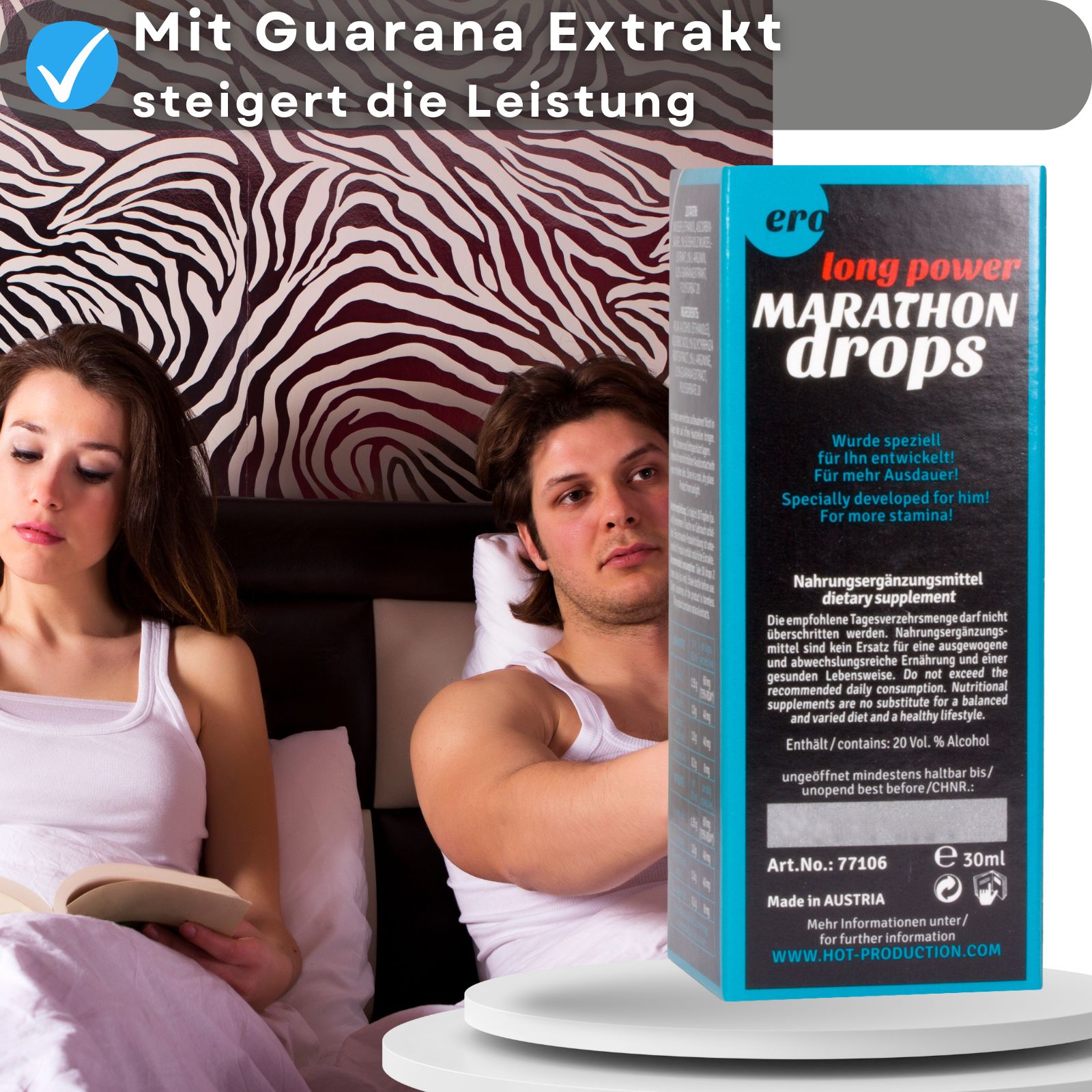 Produkt und Paar im Bett. Text: "Mit Guarana Extrakt steigert die Leistung". Flasche und Box.