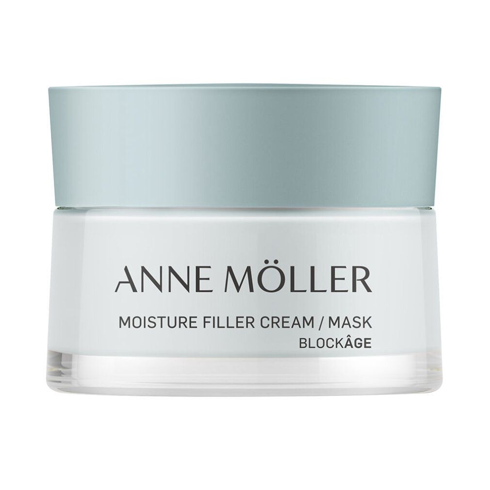 Creme-Glas mit hellblauem Deckel. Aufschrift: ANNE MÖLLER, MOISTURE FILLER CREAM / MASK, BLOCKÂGE.