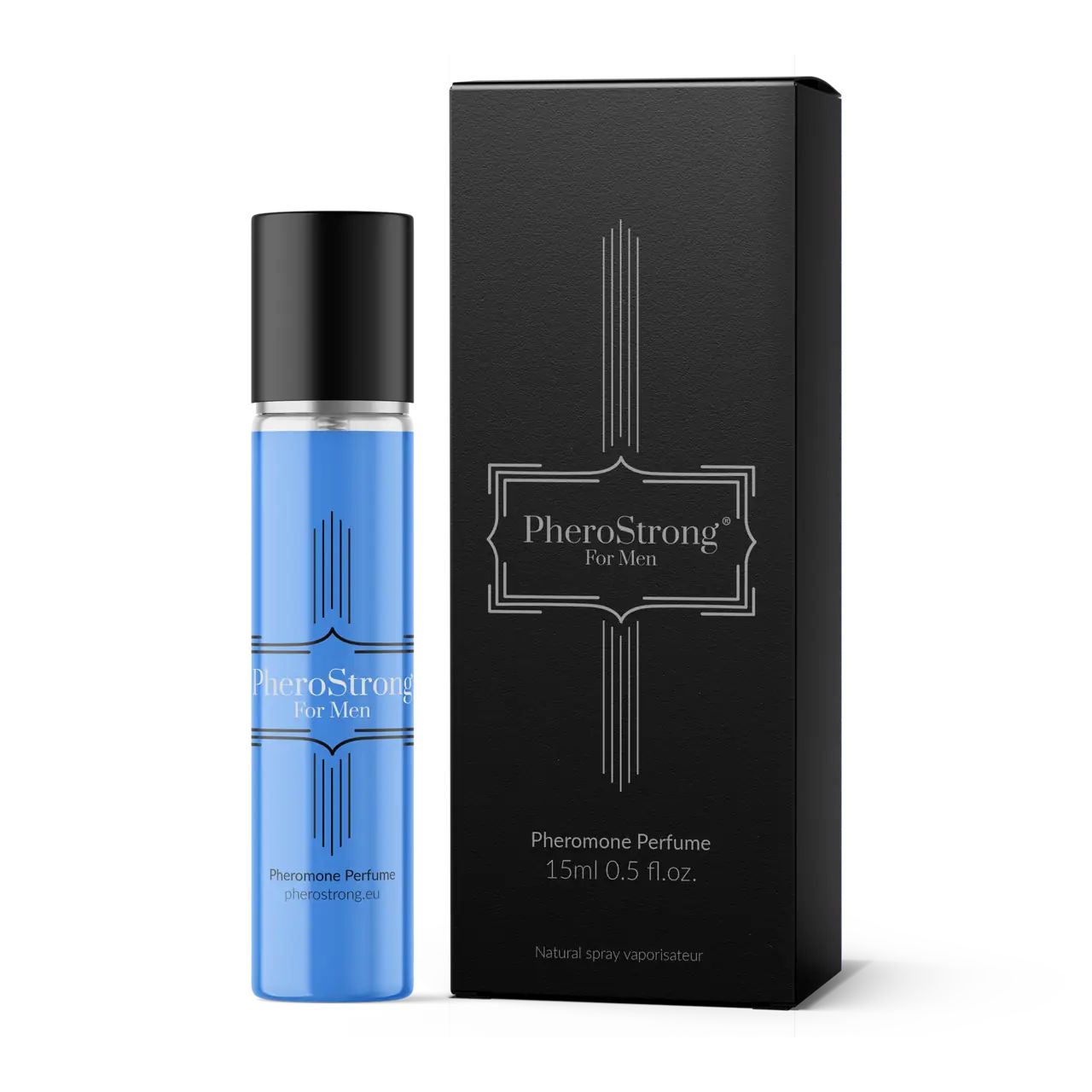 Blaues Fläschchen und schwarze Schachtel. Aufschrift PheroStrong For Men. Pheromon-Parfüm, 15ml, 0,5 fl.oz. Natürlicher Spray-Zerstäuber.