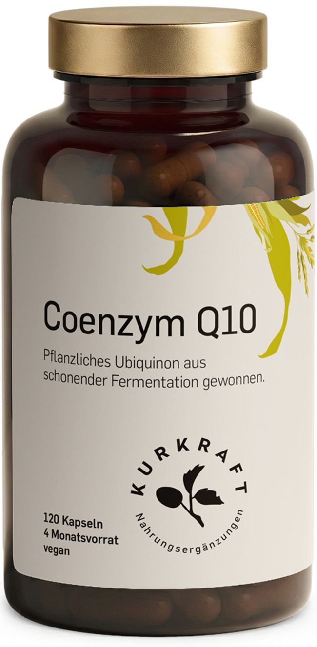 Braune Glasflasche mit Kapseln, Kurkraft-Etikett. Text: Coenzym Q10, 120 Kapseln, 4 Monate. Pflanzliches Ubiquinon aus schonender Fermentation.