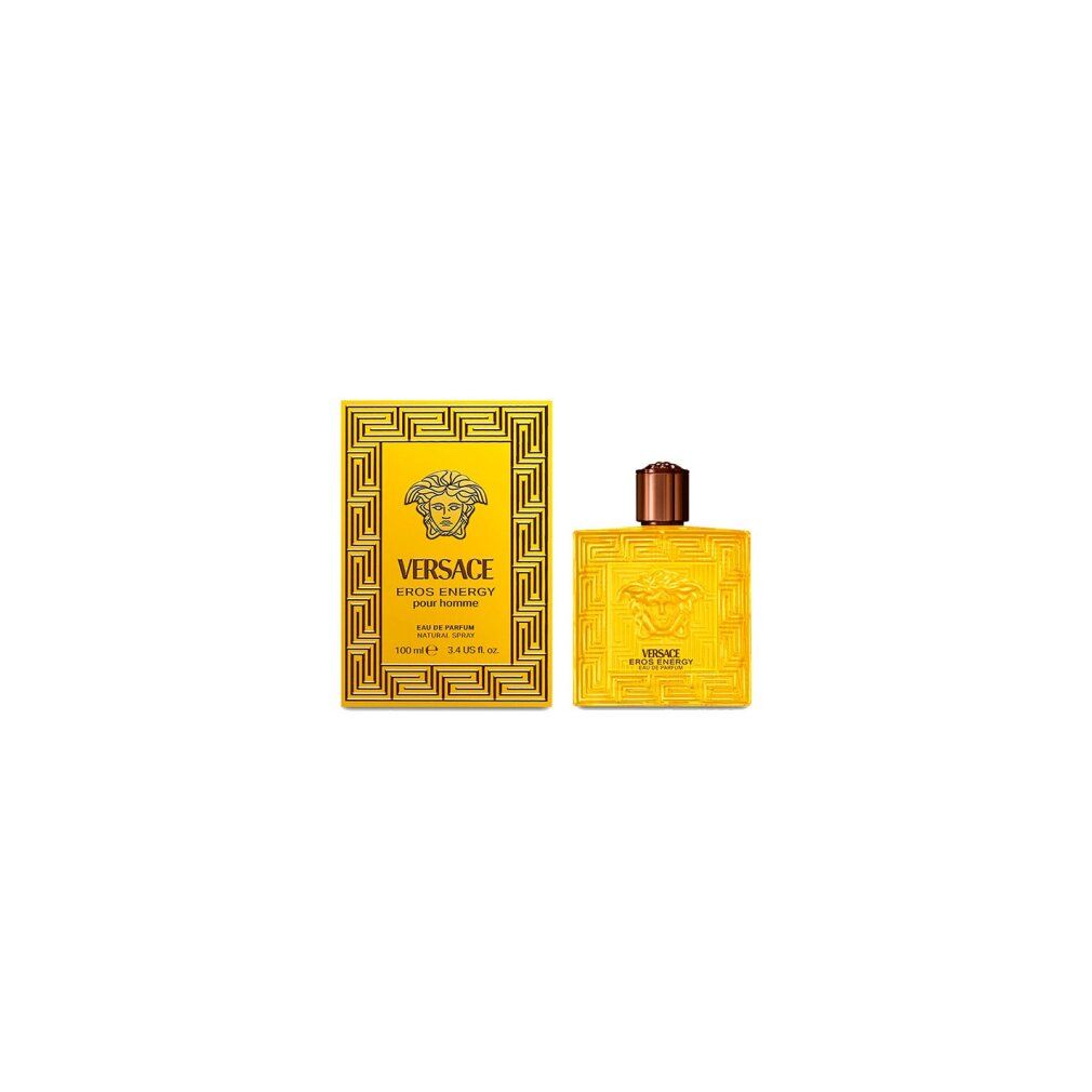 Versace Eros Energy EdP Flasche und Verpackung. Gelbe Flasche und Karton. Quadratische Form, Medusa-Logo, Produktname.
