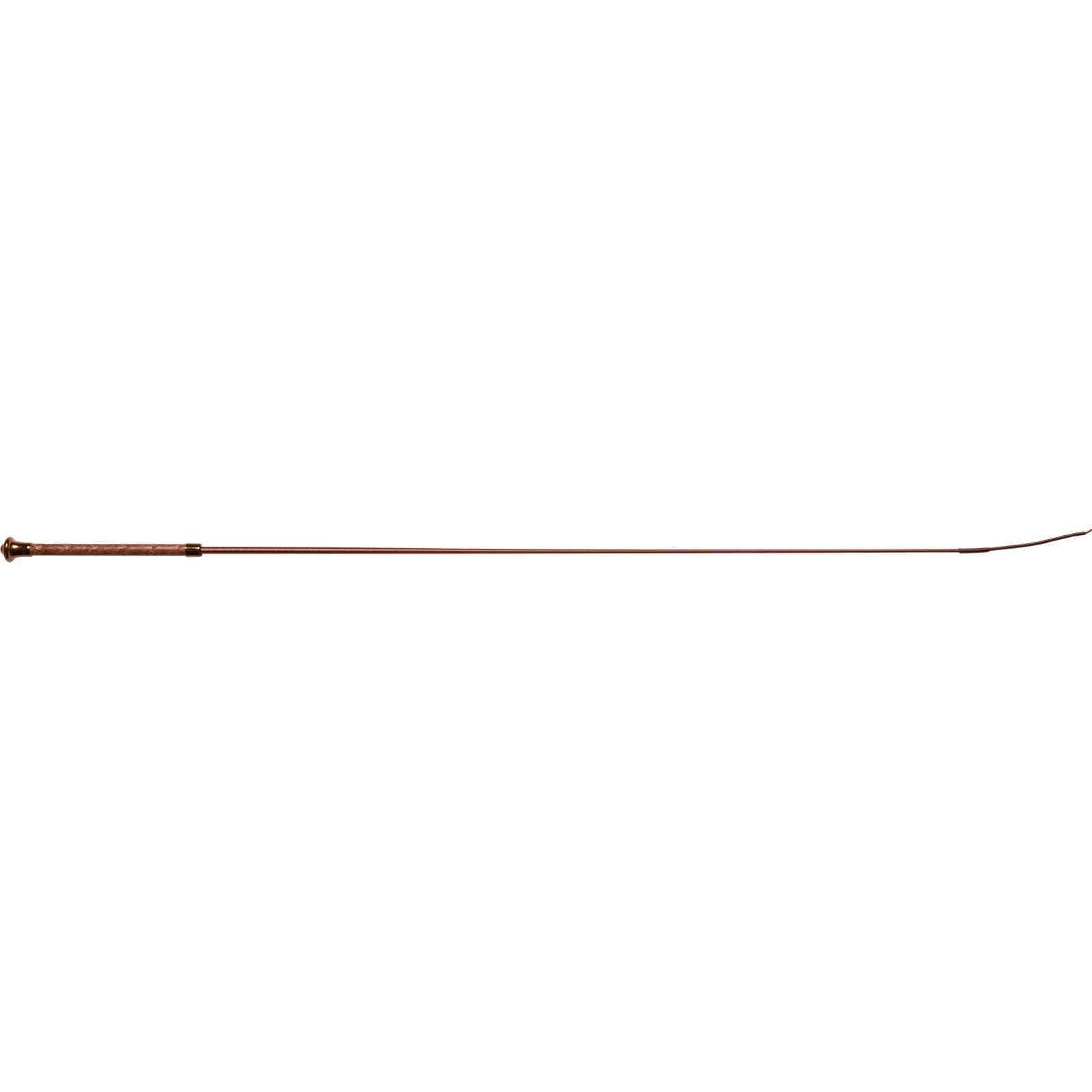 Dressurgerte KIEFFER. Brauner Griff, goldfarbener Abschluss. Schlanke, braune Peitsche.