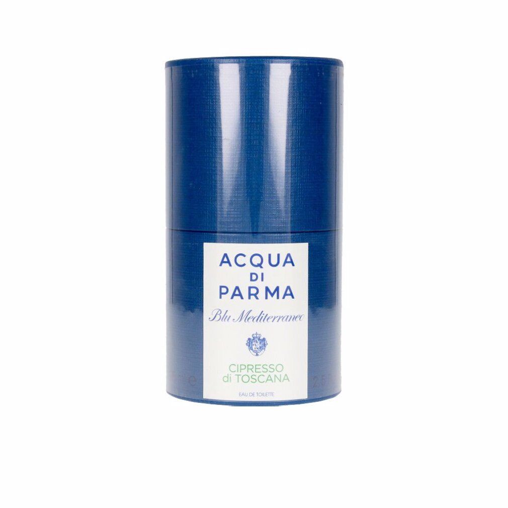 Blaues Parfümflakon mit weißem Etikett. Aufschrift: Acqua di Parma Blu Mediterraneo Cipresso di Toscana.