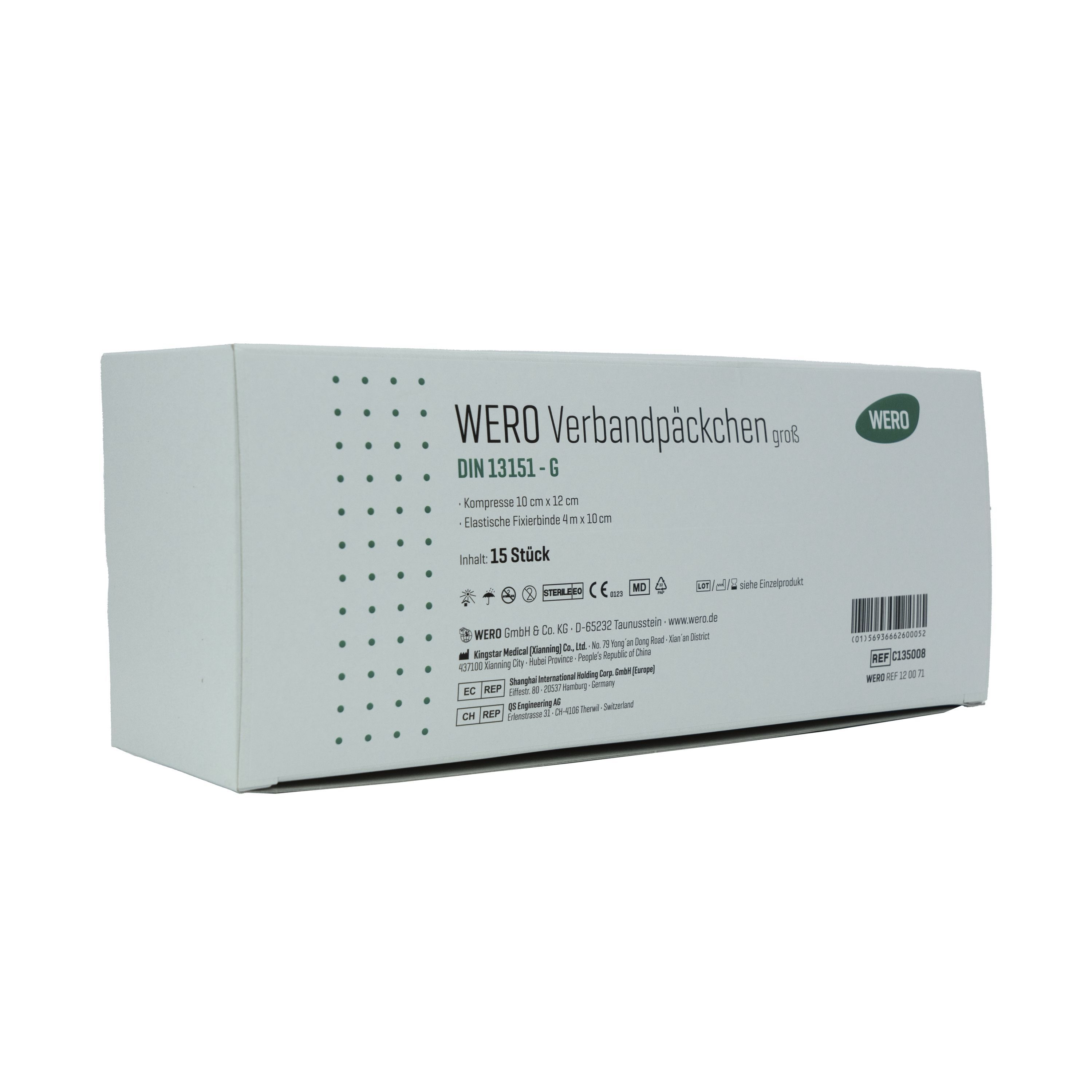 Weiße Box mit WERO Verbandpäckchen DIN 13151-G, 15 Stück. Seitenansicht.