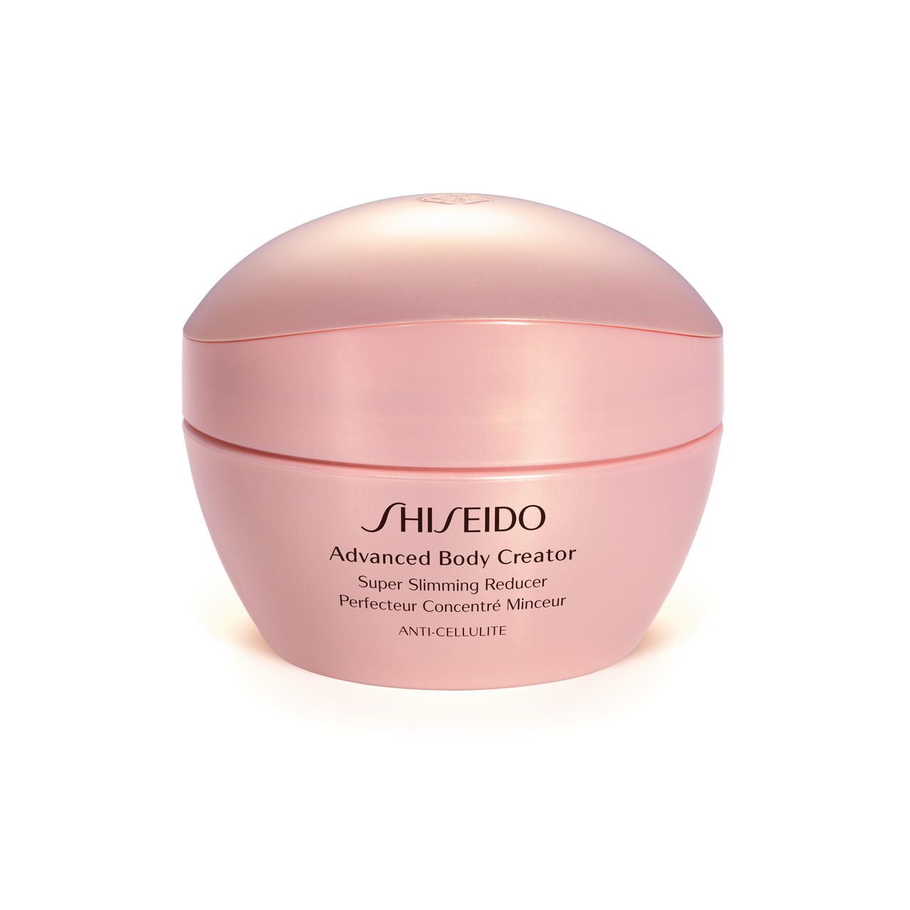 Rosa Creme-Dose mit Deckel. Aufschrift: SHISEIDO, Advanced Body Creator, Super Slimming Reducer, Perfecteur Concentré Minceur, ANTI-CELLULITE.