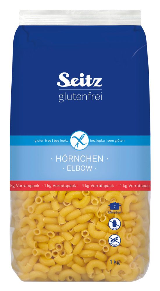 Verpackung mit glutenfreien Hörnchen-Nudeln. Blaue Verpackung mit Produktnamen und Logo. Enthält 1 kg Nudeln.