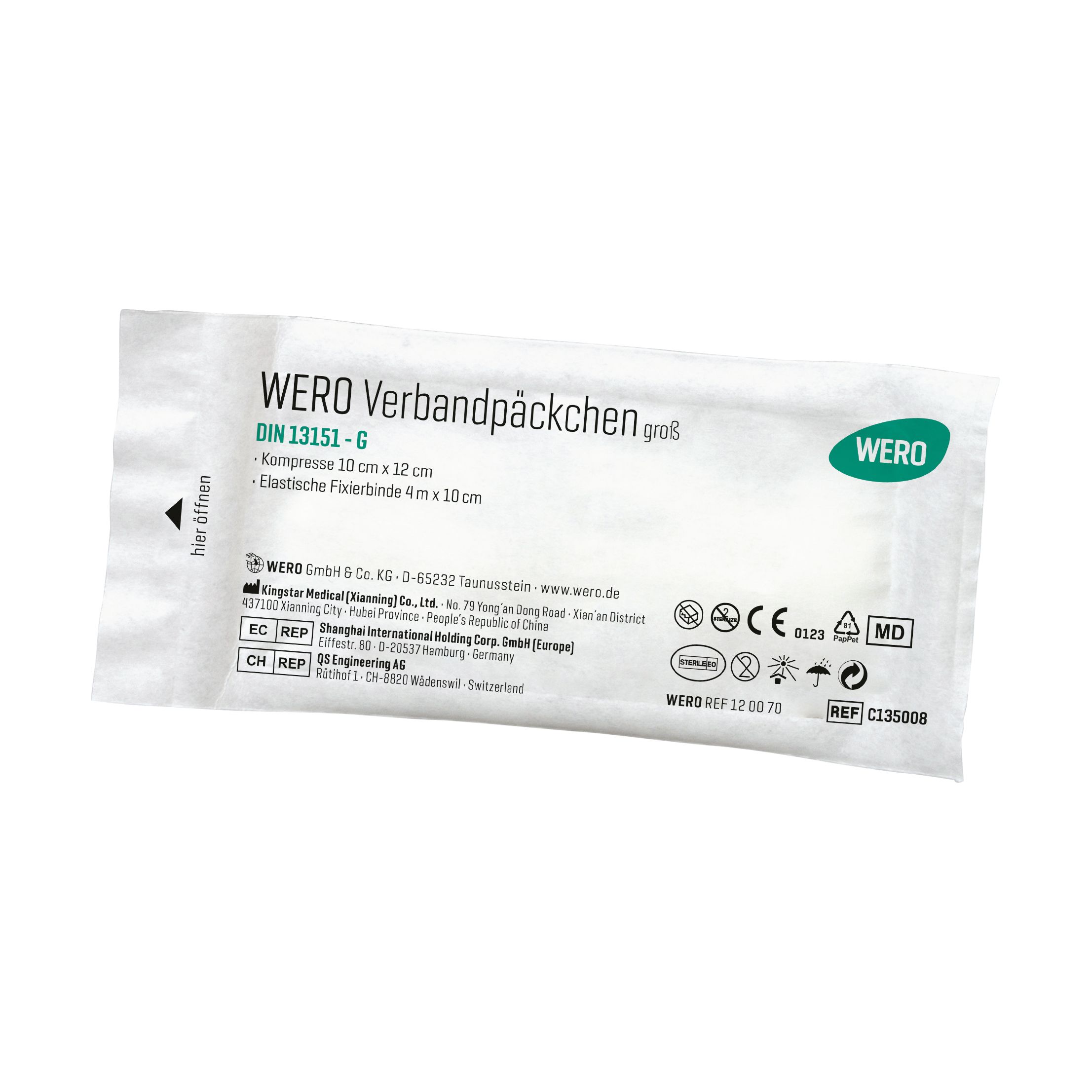 Verbandpäckchen in weißer Verpackung. Aufdruck: WERO, DIN 13151-G, Kompresse 10 x 12 cm, elastische Fixierbinde 4 m x 10 cm.